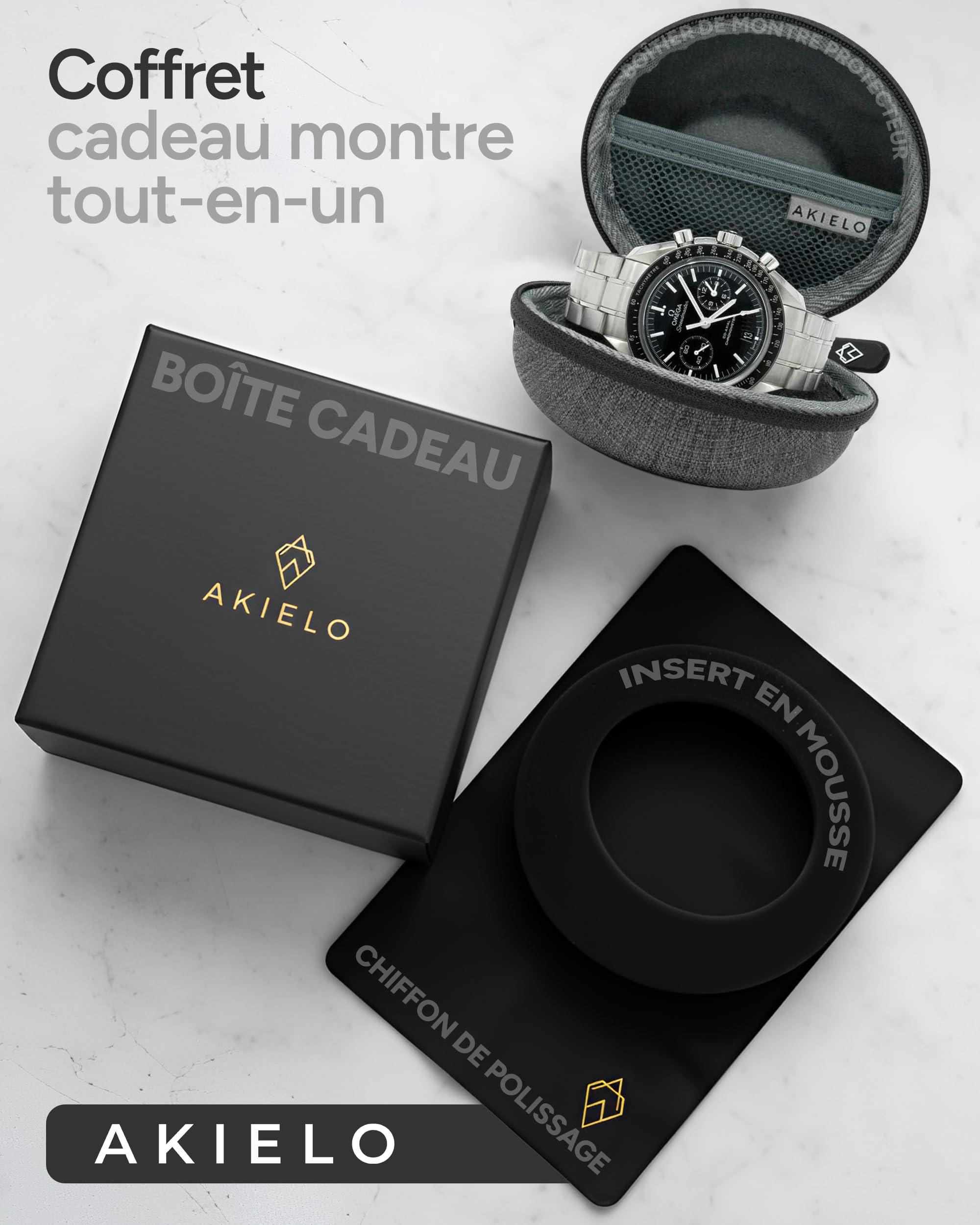 AKIELO Boîte pour Montre – Étui de Voyage pour Montre avec Chiffon de Nettoyage et Coffret Cadeau – Convient aux Montres-Bracelets et Montres Intelligentes pour Hommes et Femmes jusqu'à (Gris Charbon)