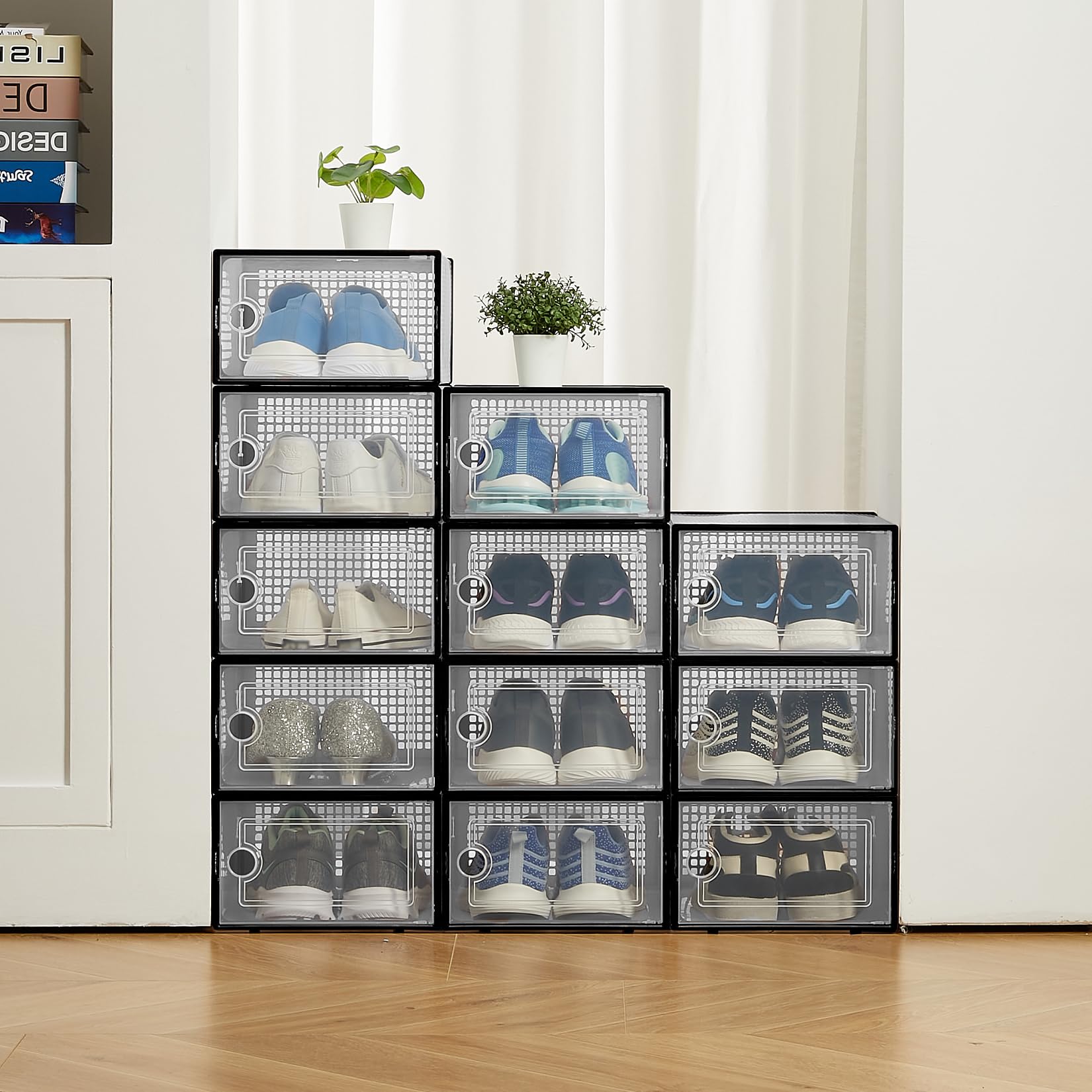 Aptliton x-Large Foldable Shoe Storage Boxes Fit Most Footwear, Clear Plastic Stackable Shoe Organizer Bins for Closet Entryway Under Bed, 12 Pack Available in Black
