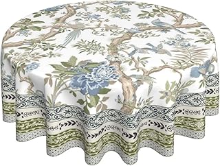 Spring Chinoiserie Floral Round Tablecloth 70 Inch Bird Tree Flower Pattern Table Cover Sage Green Blue Branch Washable Decoration Tablecloth Indoor and Outdoor Dining Table Home Party Decor
