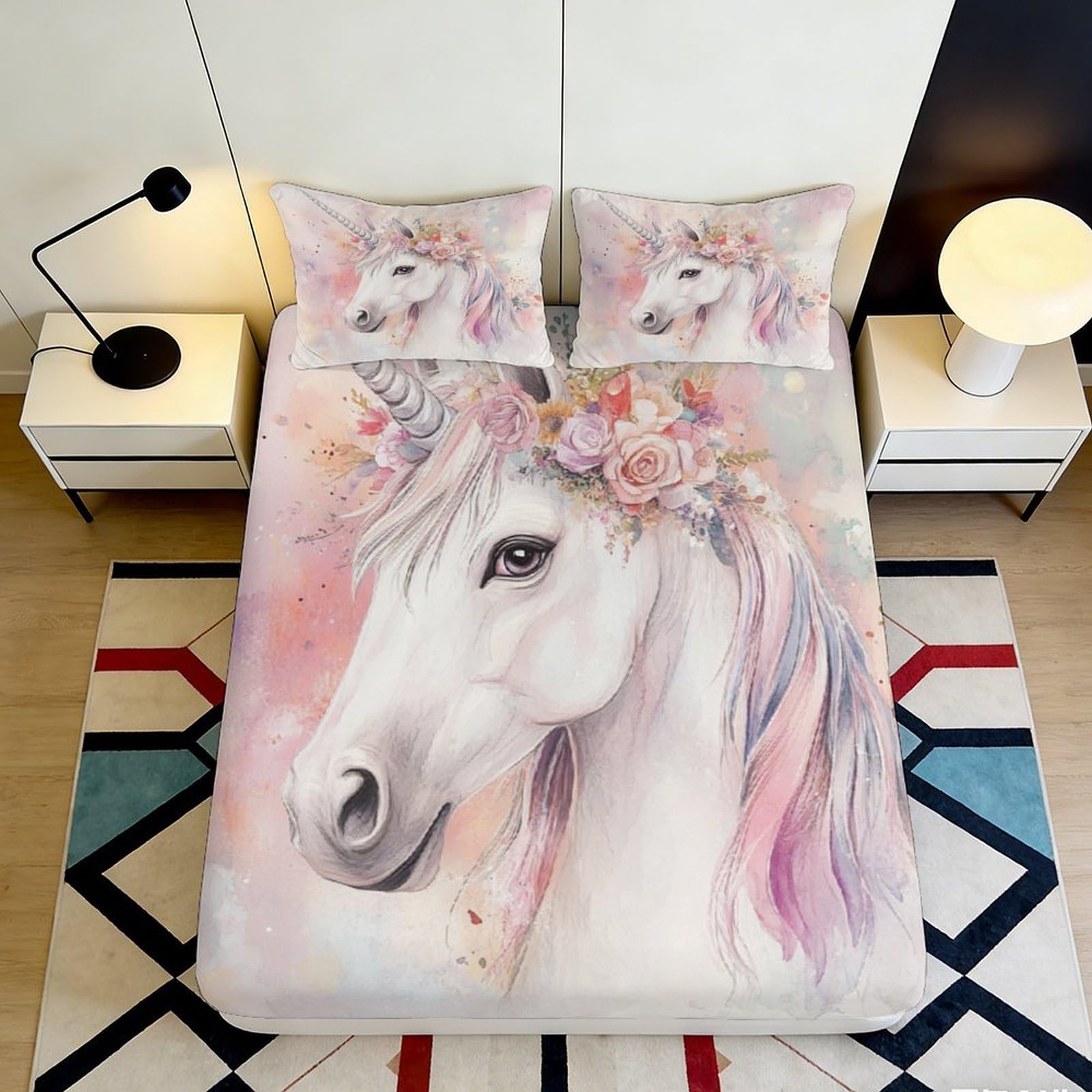 Uynsixtme Style-8 3D Printed Unicorn Fitted Sheet Microfiber Deep Pocket Bedroom Bedding Unicorn Mattress Fitted Cover Non-Slip Wrap Washable 200X200x25cm
