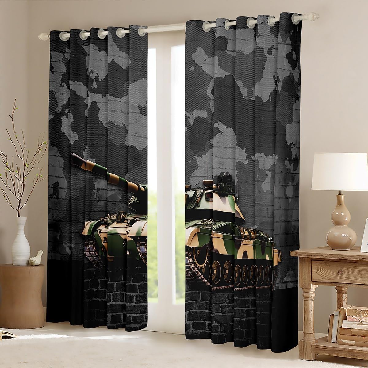 Manfei Tank Blackout Curtain Grey Camouflage Wall Print Window Treatments, Camo Vintage Style Window Drapes for Kids Boys Teen Room Decor Grommet Top 2 Panel Set Bedroom Curtains, 38Wx54L inch