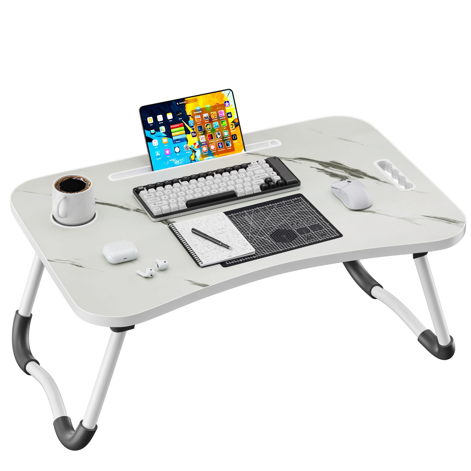 Folding Lap Desk, 23.6 Inch Wood Laptop Bed Desk with Cup Holder, Portable Bed Table for Working Writing Reading &amp; Eating for Bed, Sofa, Couch, Floor - White&amp;Black
