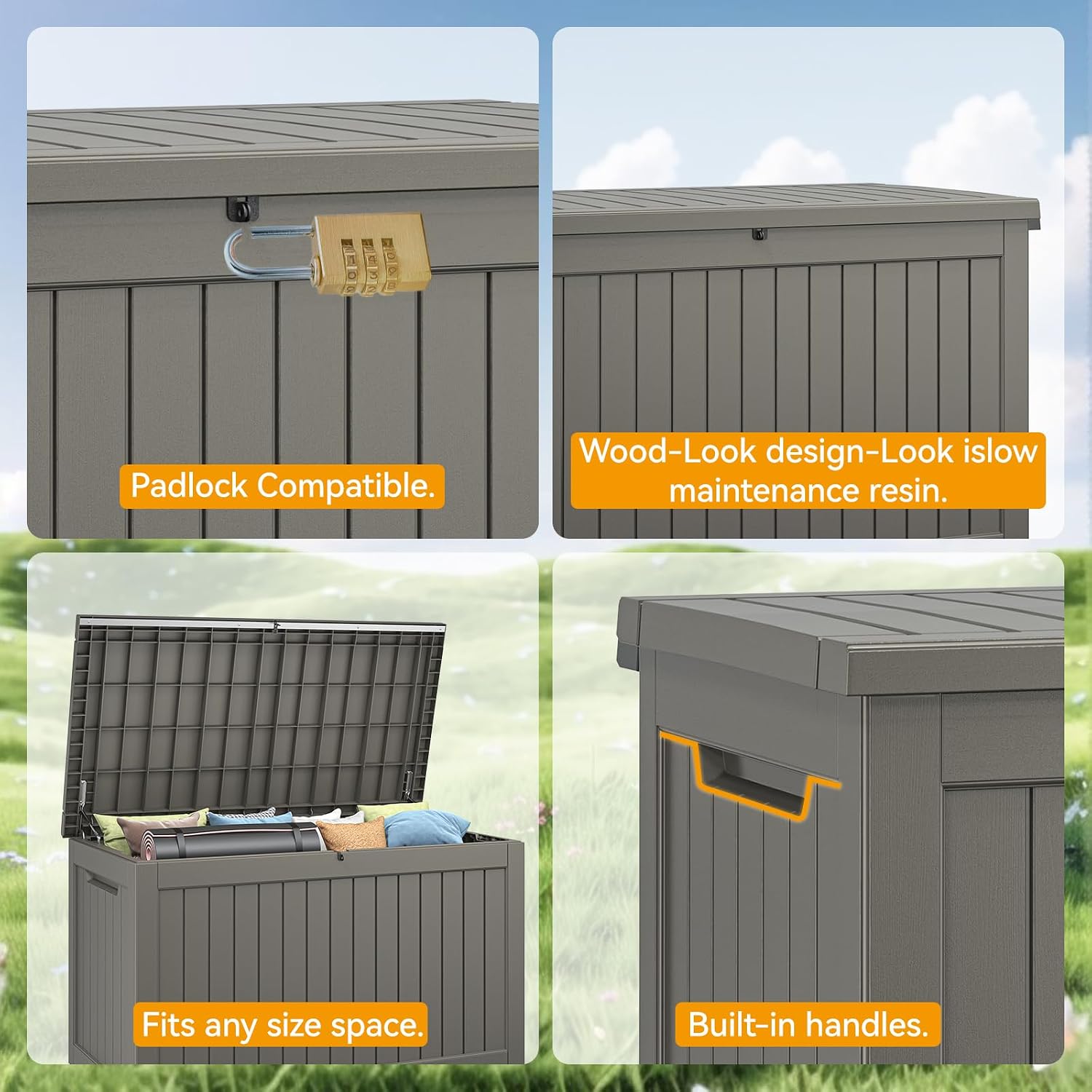NUNU LAB 270 Gallon Large Resin Deck Box, Waterproof Outdoor Storage Box, Lockable Storage Bin for Patio Furniture, Garden Tools, Pool Accessories, UV-Resistant & All-Weather, Grey