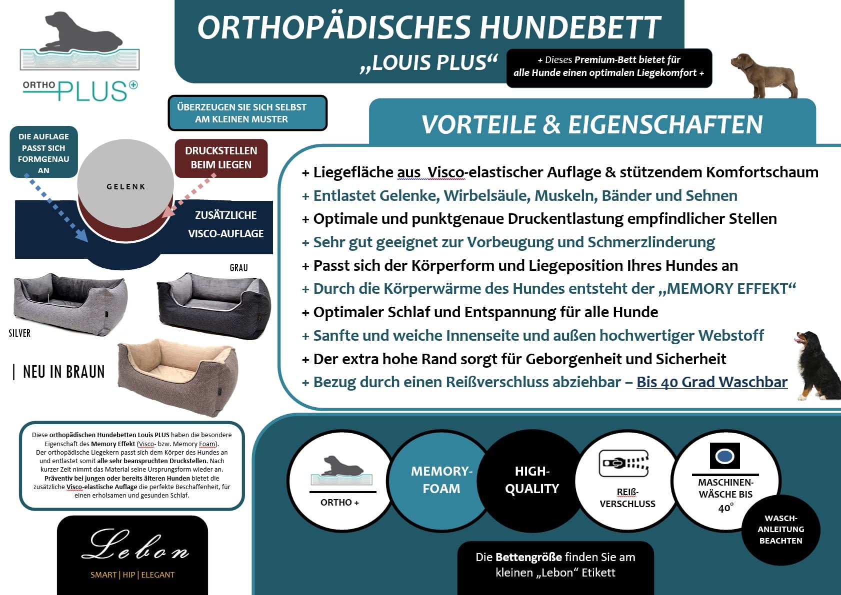 Lebon - Hundebett Louis Plus - 3 Größen - 80cm, 100cm und 120cm - Orthopädisch - Hochwertig und Made in EU - 3 Farben - 3 Größen - Kuschlweich - Hoher Rand - Waschbar - Bester Liegekomfort (L, Braun)