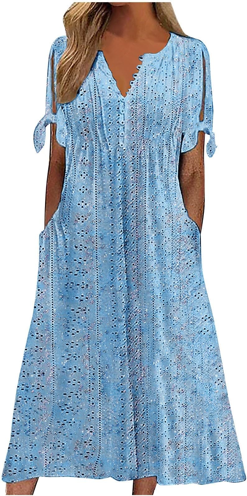 Summer Dresses for Women UK Loose Casual Maxi Dress Short Sleeve V Neck Tunic Flowy Pleated Beach Sundress Plus Size Ladies Boho Dress Holiday Dresses