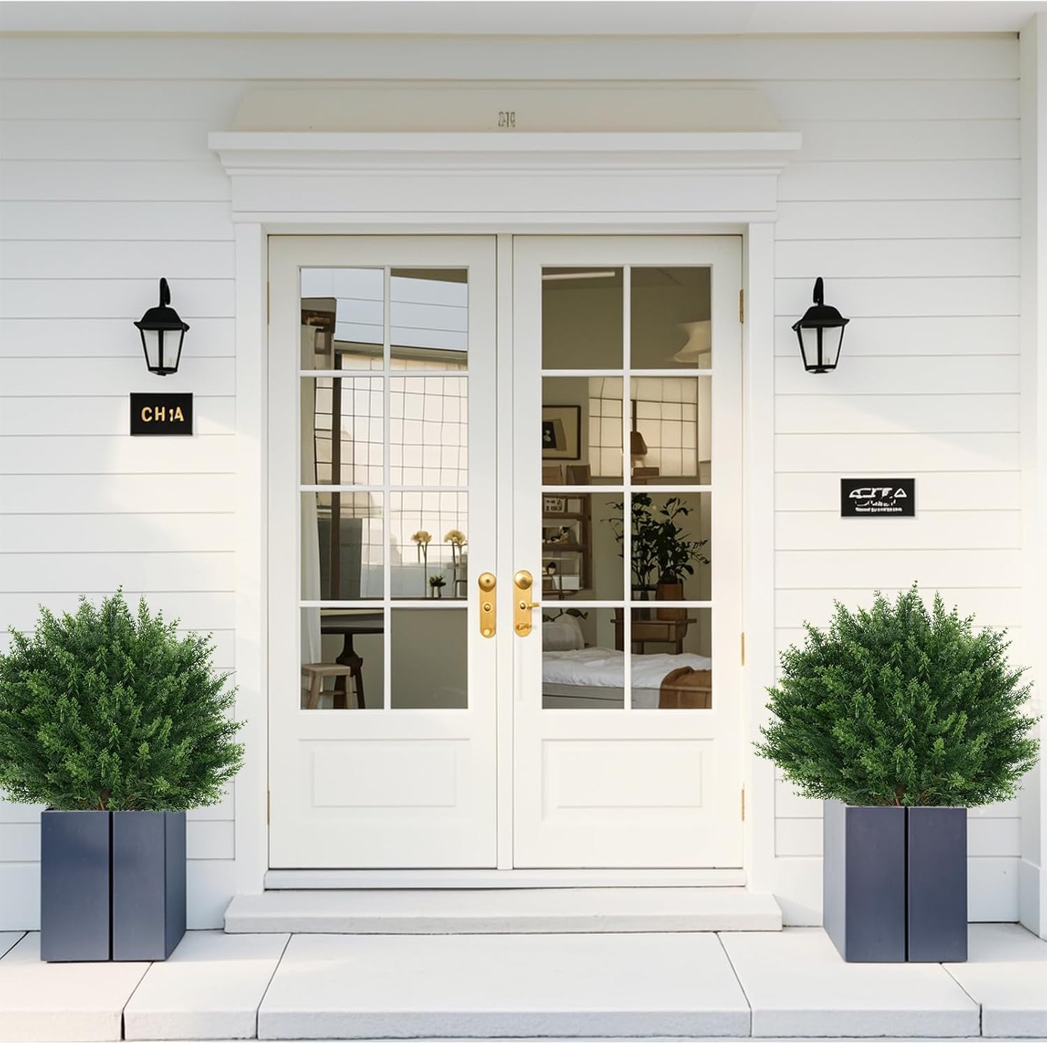 2Pack Artificial Cedar Topiary Ball Trees, 16'' UV Resistant Fake Evergreen Shrubs Bushes Plants with Ground Spike Fake Plants for Outdoor Indoor Front Porch Garden