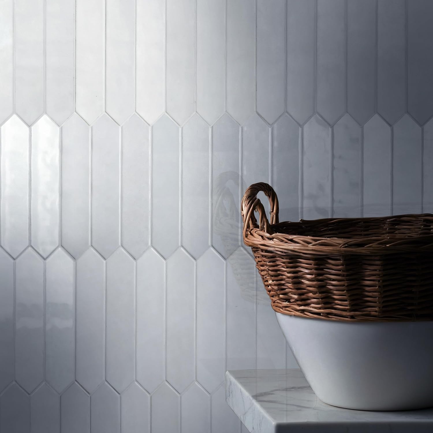 M S International Renzo Sky Glossy Ceramic Picket Wall Tile for Bathroom, Kitchen Backsplash, Accent, and Shower - Sample Sky Picket 2.5 in. x 13 in. Sample