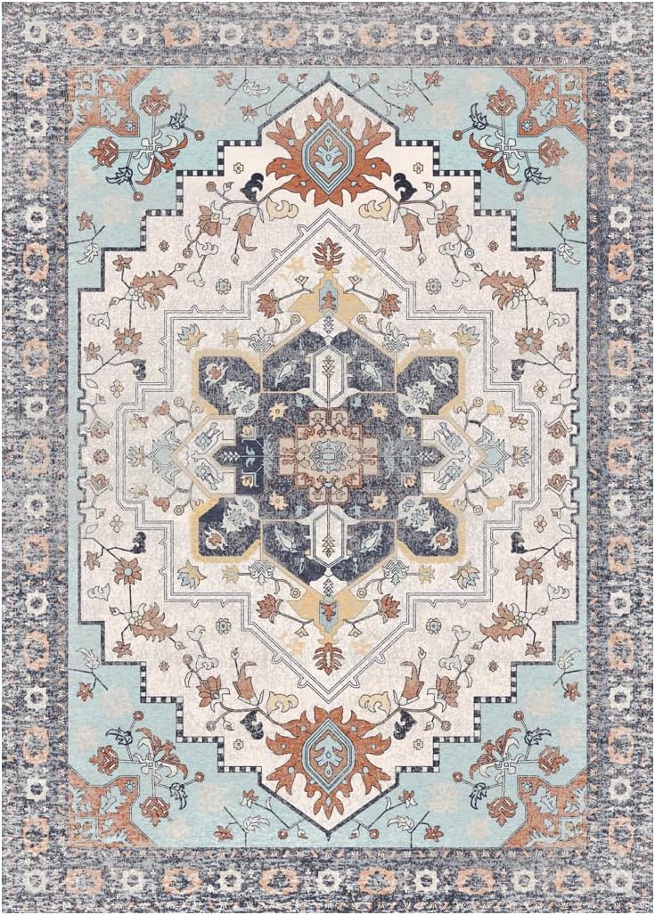 Area Rug 4x6 Washable Rug Blue Vintage Traditional Floor Cover Foldable Thin Retro Accent Indoor Distressed Non Slip Carpet Floral Print Mat Bedroom Living Room Diningroom