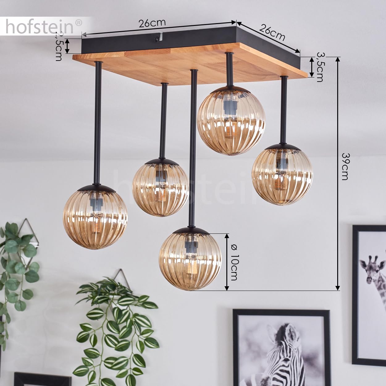 Plafoniera Chehalis, lampada da soffitto in metallo/legno/vetro scanalato in nero/naturale/ambra, lampada dal design moderno retrò/vintage con ombrelli in vetro (Ø 12 cm), 5 x G9, senza lampadina