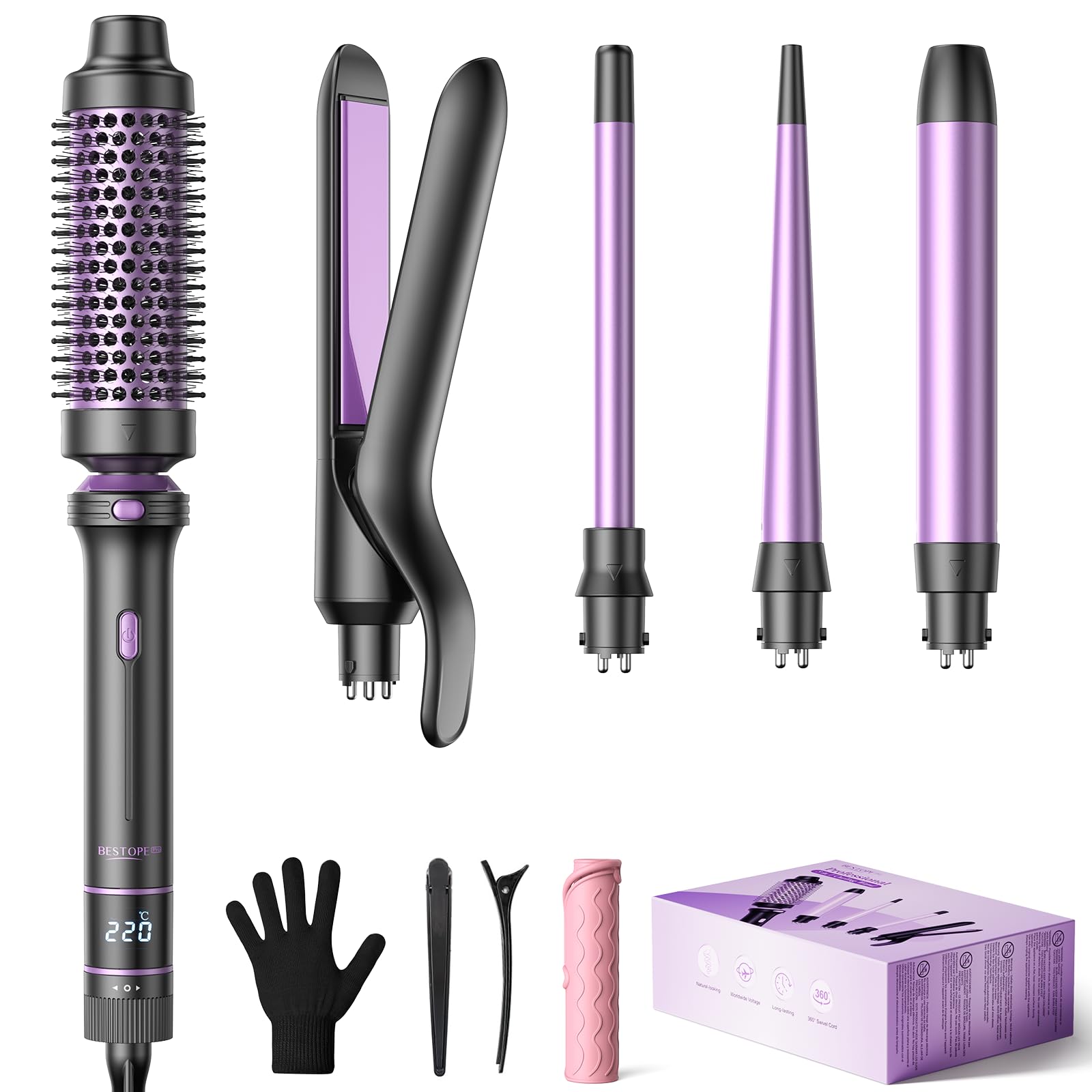 BESTOPE PRO 5 in 1 Curling Wand Set, Ceramic Interchangeable Barrels with Thermal Brush & Straightener, 13 Temp LED Display, Heat Resistant Accessory Kit