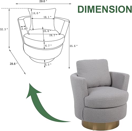 Miniatura 2 de ODUWA Sillas giratorias de barril, moderna silla redonda de sherpa con base de acero inoxidable dorada, cómoda silla giratoria de 360 grados para