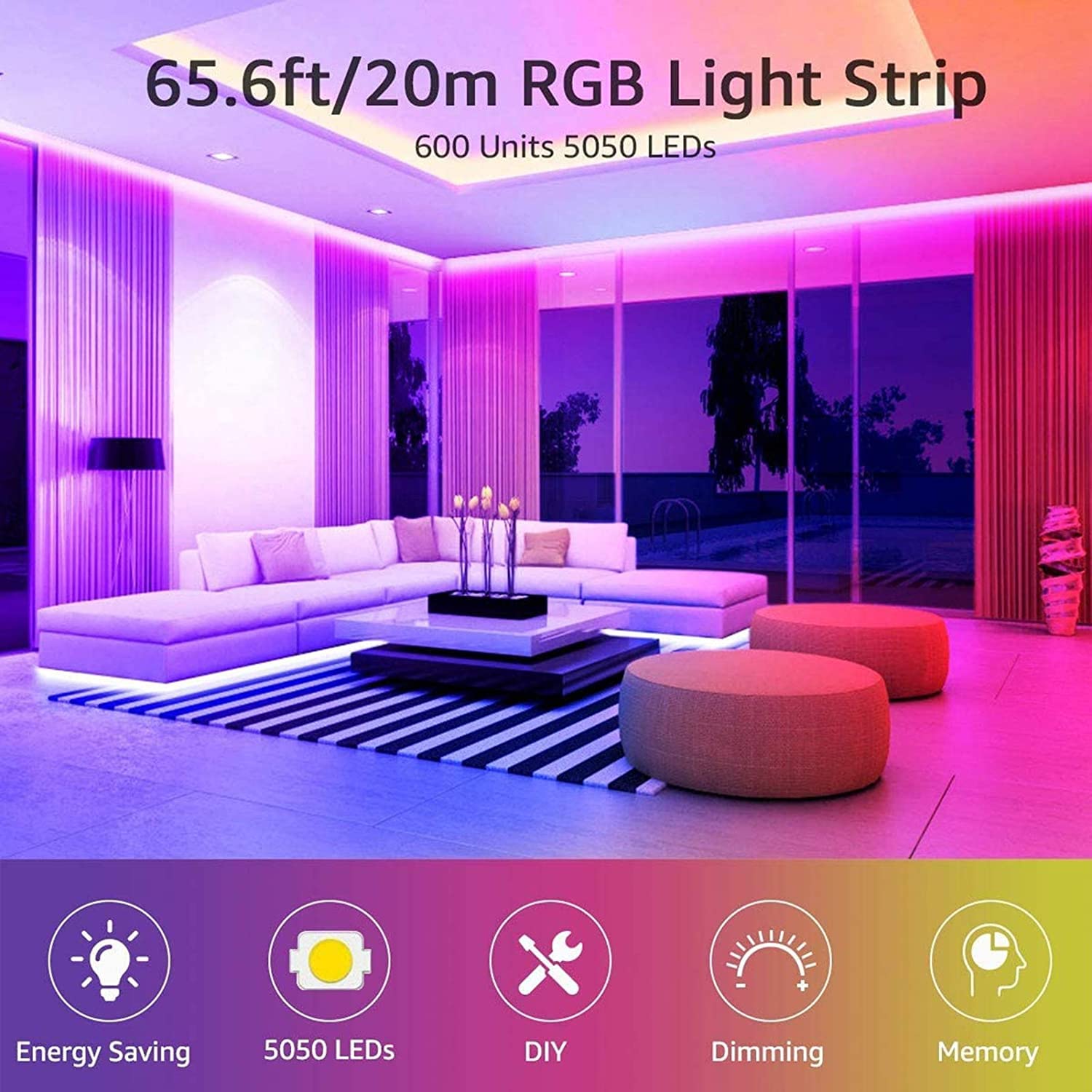 Ruban LED 20M Bande LED 5050 RGB, TV LED Bande Peut-Découpé Néon Decor Rubans lumières 20 Couleurs et 6 Modes Décor pour Maison Cuisine Soirée Bar,Noël