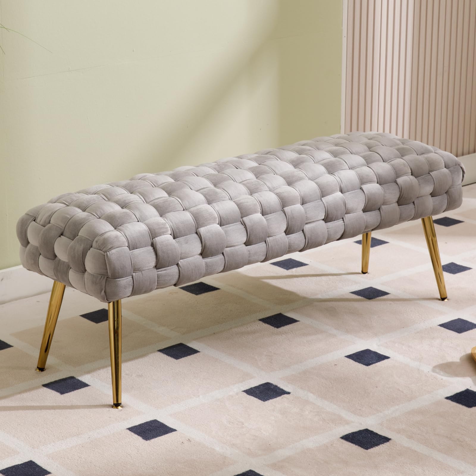 Ya-Home Banquette en Velours Banc Entrée Bout de Lit avec Pieds en Métal Doré Banc Ottoman pour Chambre Salon, Gris
