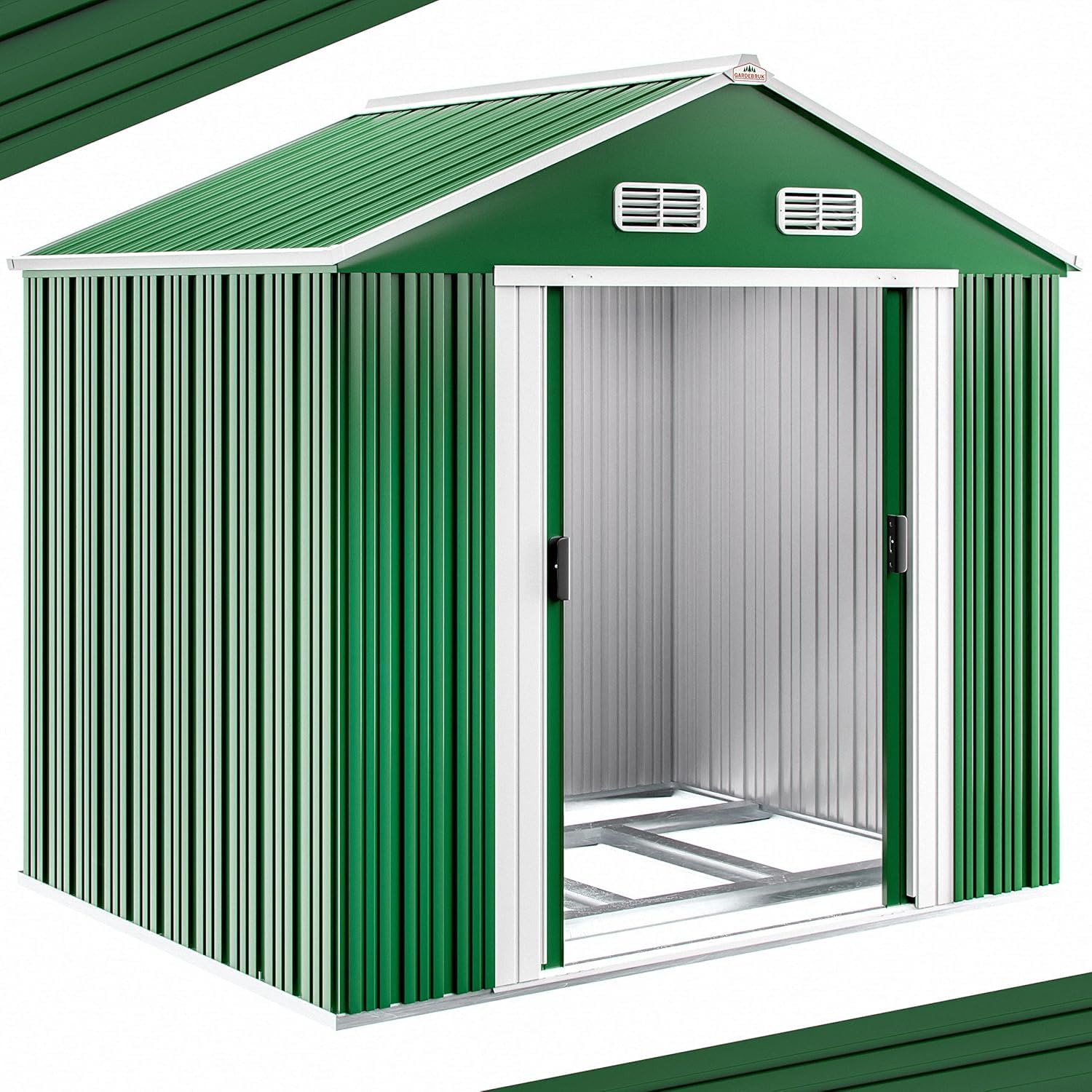 GARDEBRUK® Casetta per Attrezzi da Giardino XXL in Metallo 5m² con Base 260x205x180cm Porta Scorrevole Capanno Antracite con Tetto Prese d´Aria Capannone Rimessa da Esterno 9m³