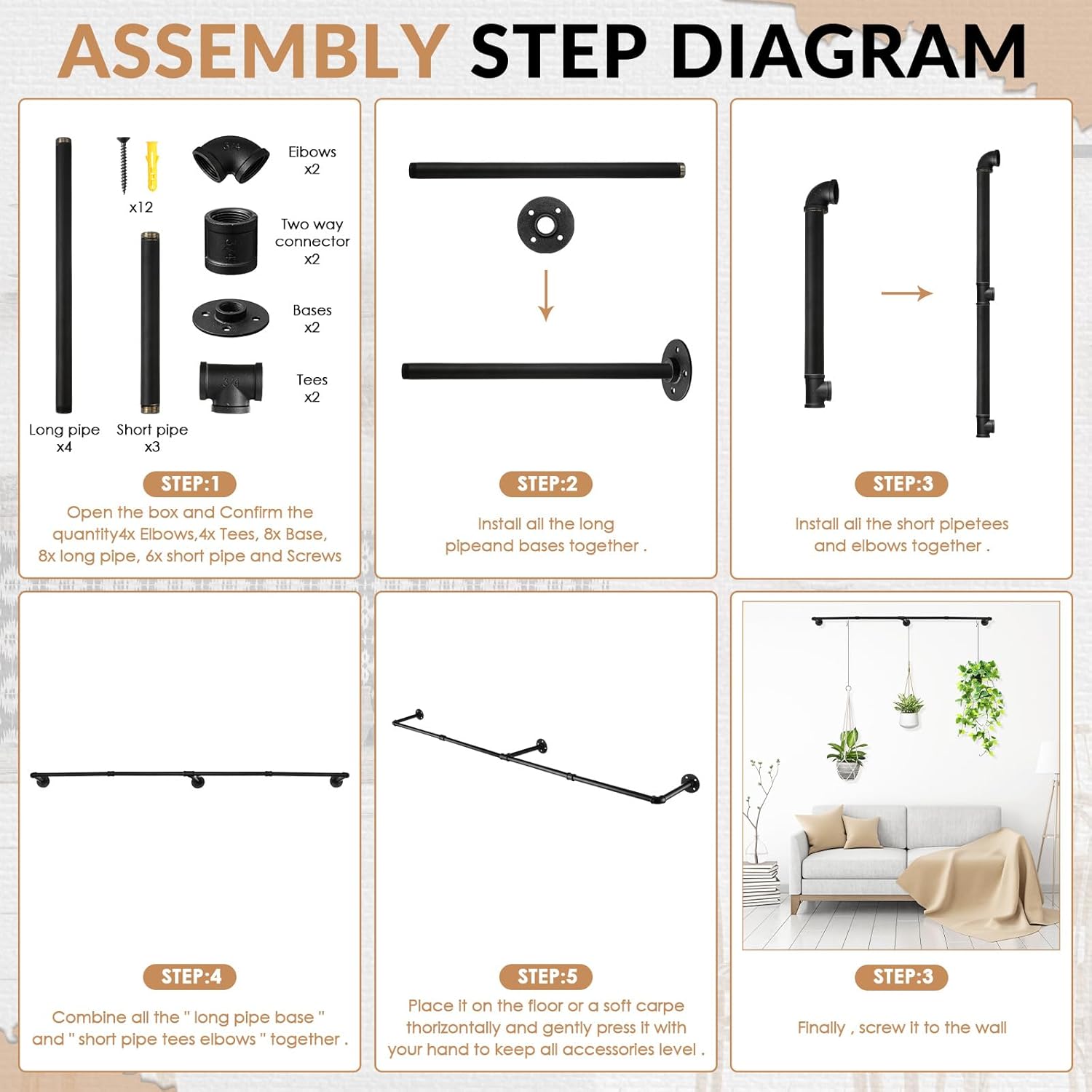 Honeydak 2 Pcs 72.05 x 10.63 Inch Plant Hanging Rod with Hooks Metal Plant Hanger Indoor Holder Window Shelves Hanging Planters Wall Mount Planter Bar for Ceiling Garden, Black