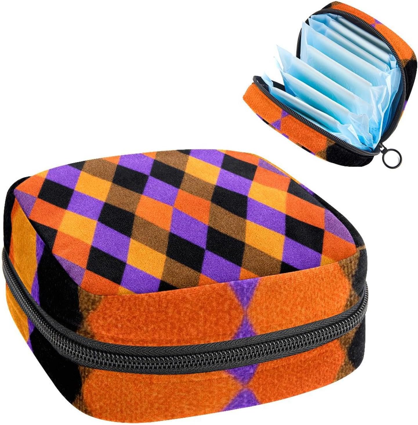 1Pc Portable Sanitary Napkin Storage Bag, Menstrual Cup Pouch, Feminine Care Pads Bag for Girls Women, Tampons First Period Kit, Orange Purple and Black Seamless Halloween Argyle Pattern