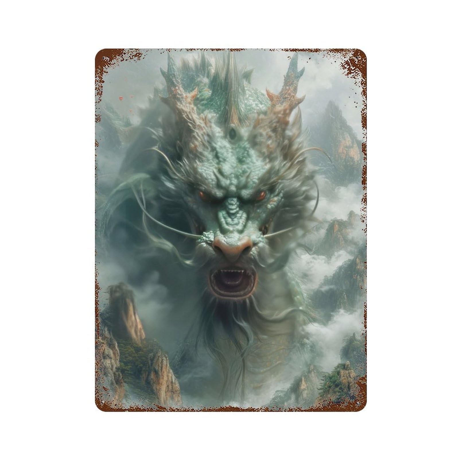 Distressed Metal Wall Sign with Ancient Green Dragon Design 15.7"x11.8", for Shed, Workshop And Garage Wall Decor, Decorative Metal Wall Art