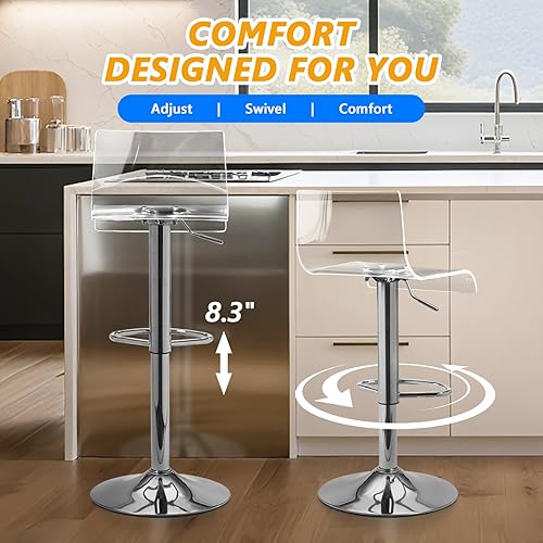 Miniatura 5 de Lessmore Juego de 2 taburetes de bar transparentes, taburetes de bar acrílicos, taburetes de bar transparentes, taburete de bar plateado de altura