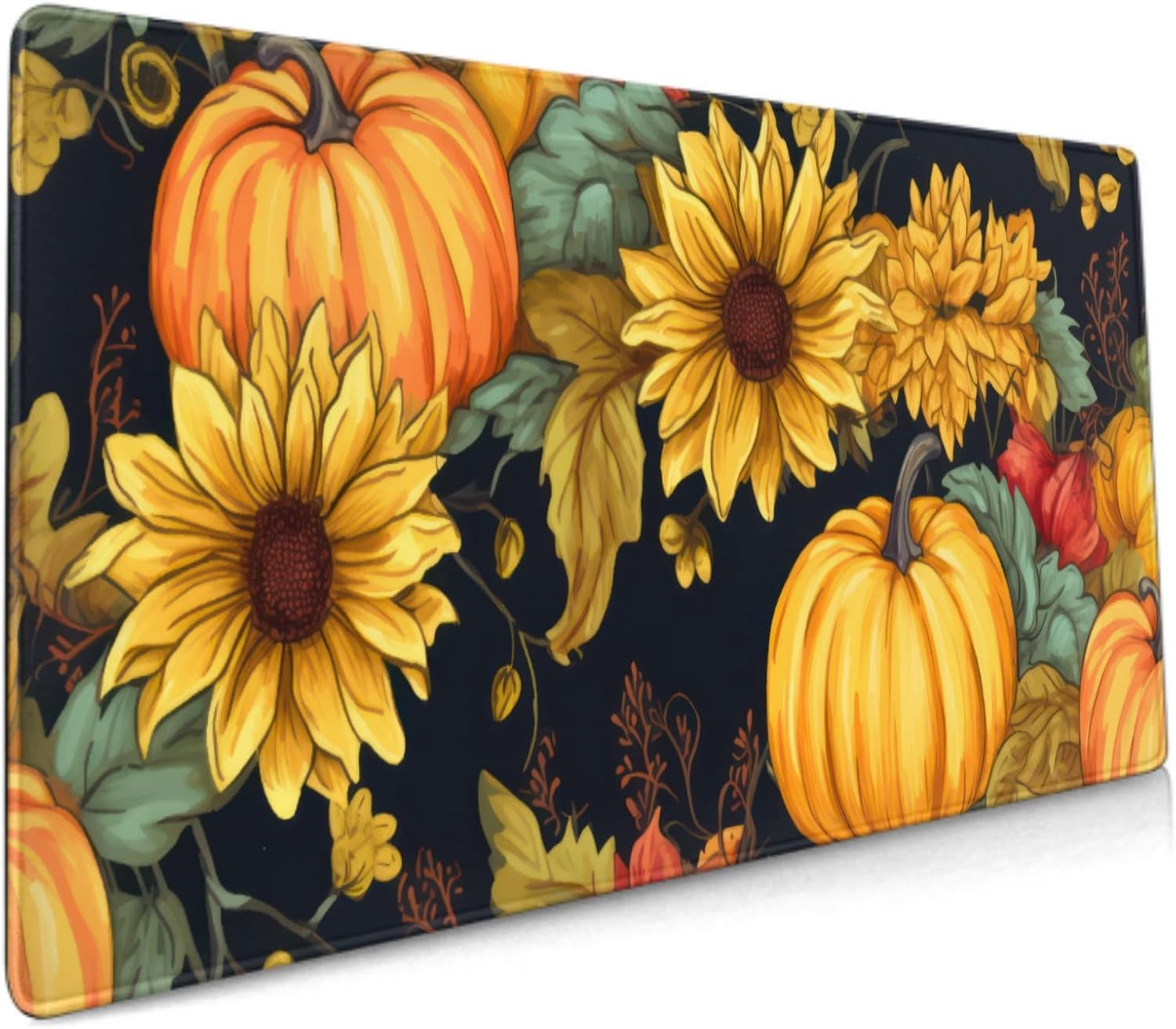 Fall Pumpkin Sunflower Mouse Pad 35.4x15.7 XXL Autumn Leaf Floral Watercolor Extended Mousepad Large Keyboard Mouse Mat Desk Pad with Non-Slip Rubber Base Stitched Edges for Home Office Game