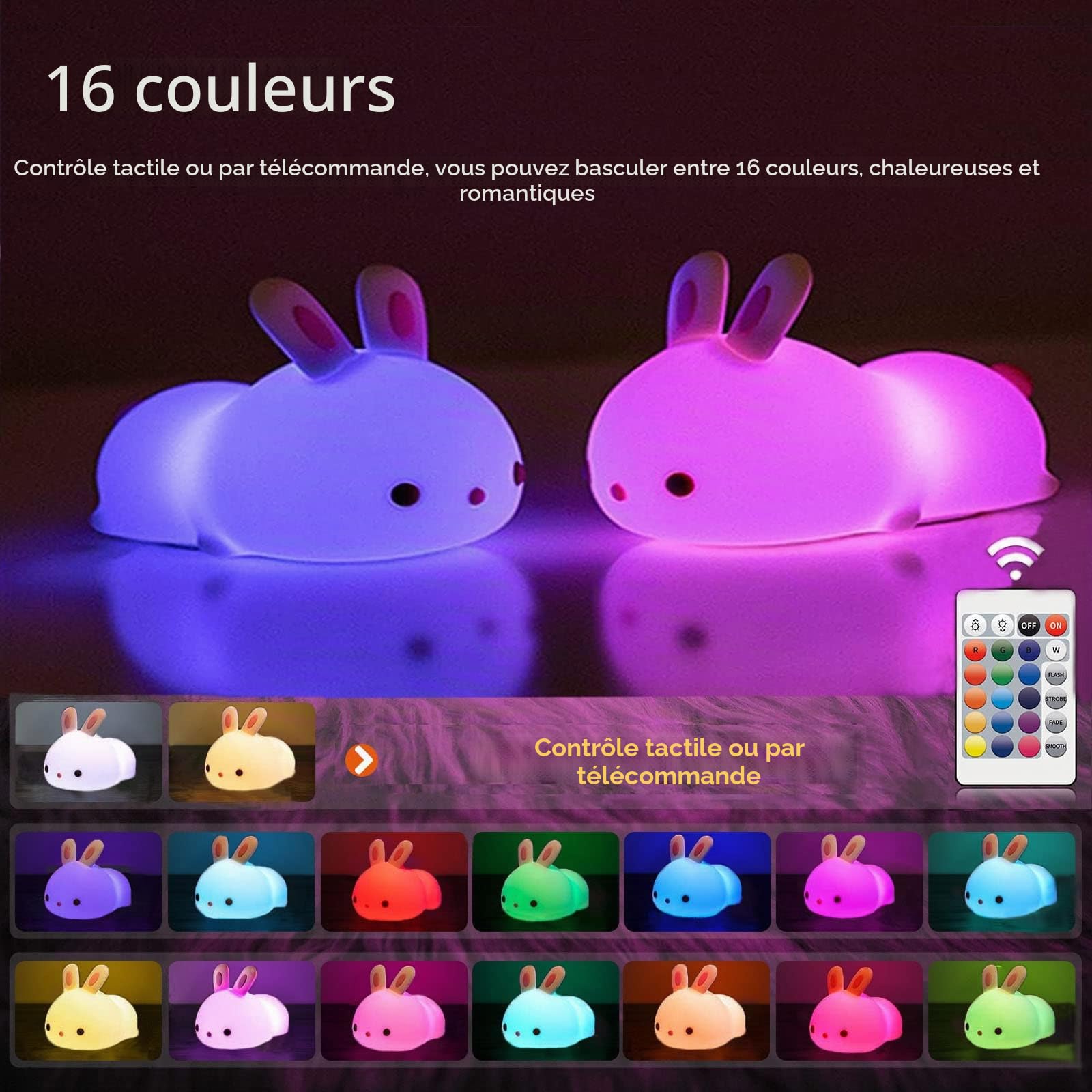YOTOZU Jolie Veilleuse En Forme De Lapin Rechargeable Par Usb Avec Capteur Tactile Et Télécommande 4 Modes 16 Couleurs Pour Filles, Enfants, Tout-petits, Bébés Et Enfants Cadeau De Noël(Télécommande)