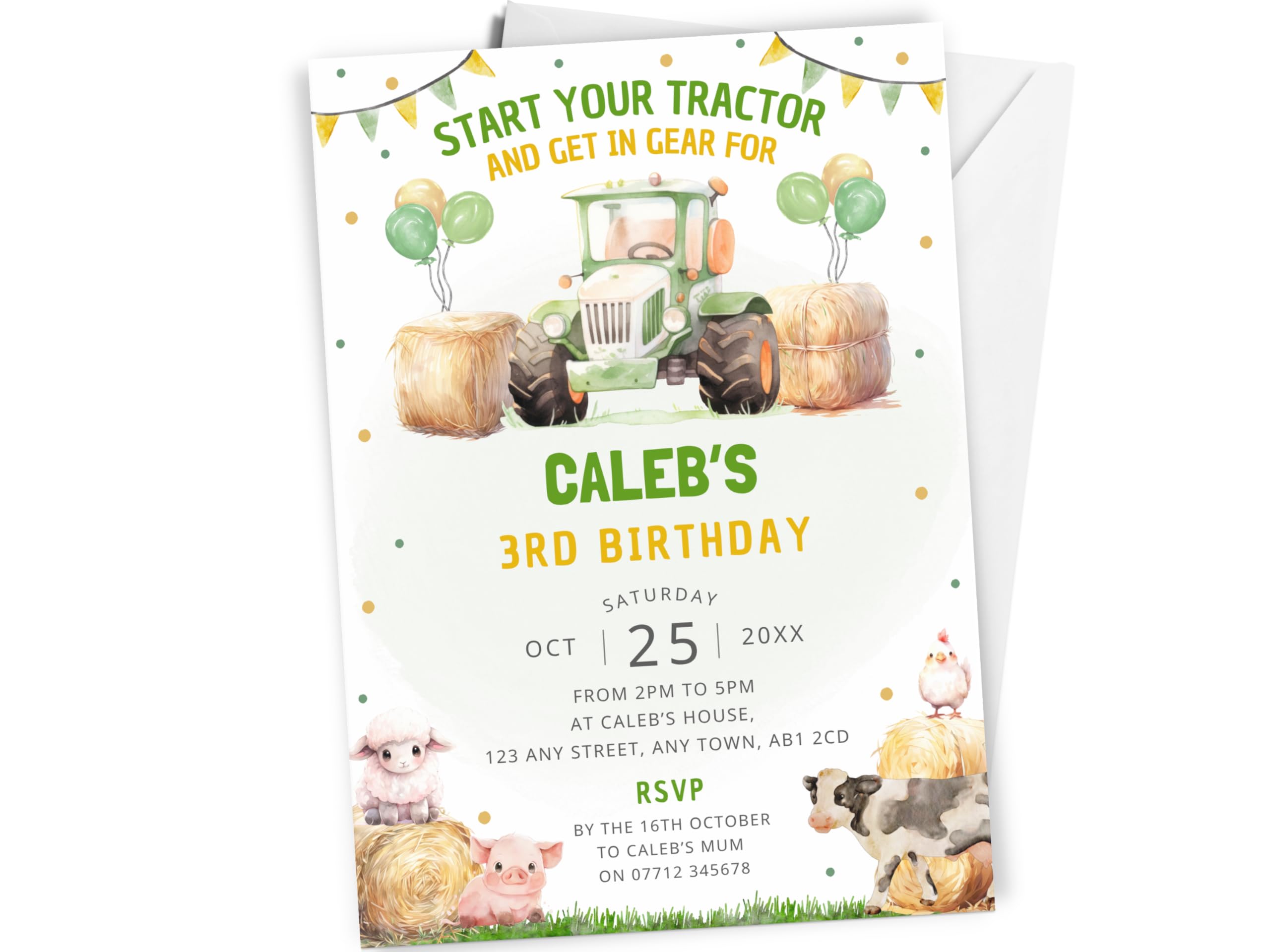 Love To Cherish 10 x Personalised Tractor Party Birthday Invitations with envelopes, Boys or Girls Farm Theme Party Birthday Invites, GREEN Tractor Invites