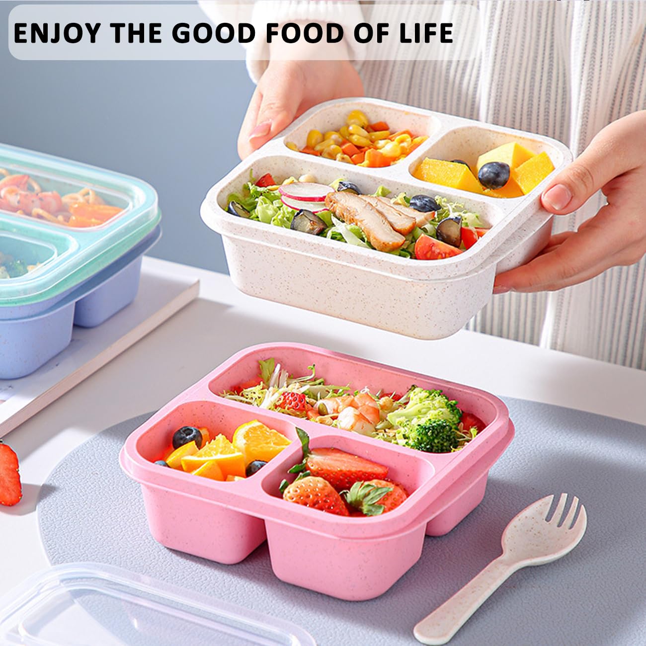 PandaEar Lot De 3 Boîtes à Collations, Boîte Bento En Silicone 4 Compartiments Avec Couvercles