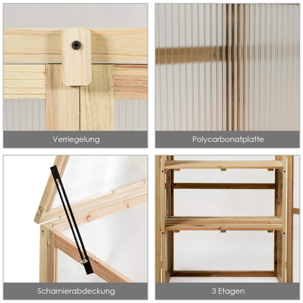 COSTWAY 3 Etagen Frühbeet Holz, Hochbeet wetterfest, Gewächshaus mit 2 Türen & Deckel, Polycarbonat-Fenster, Pflanzenbeet Aufzuchtschrank Treibhaus, für Garten Balkon, 60 x 45 x 100 cm, Natur