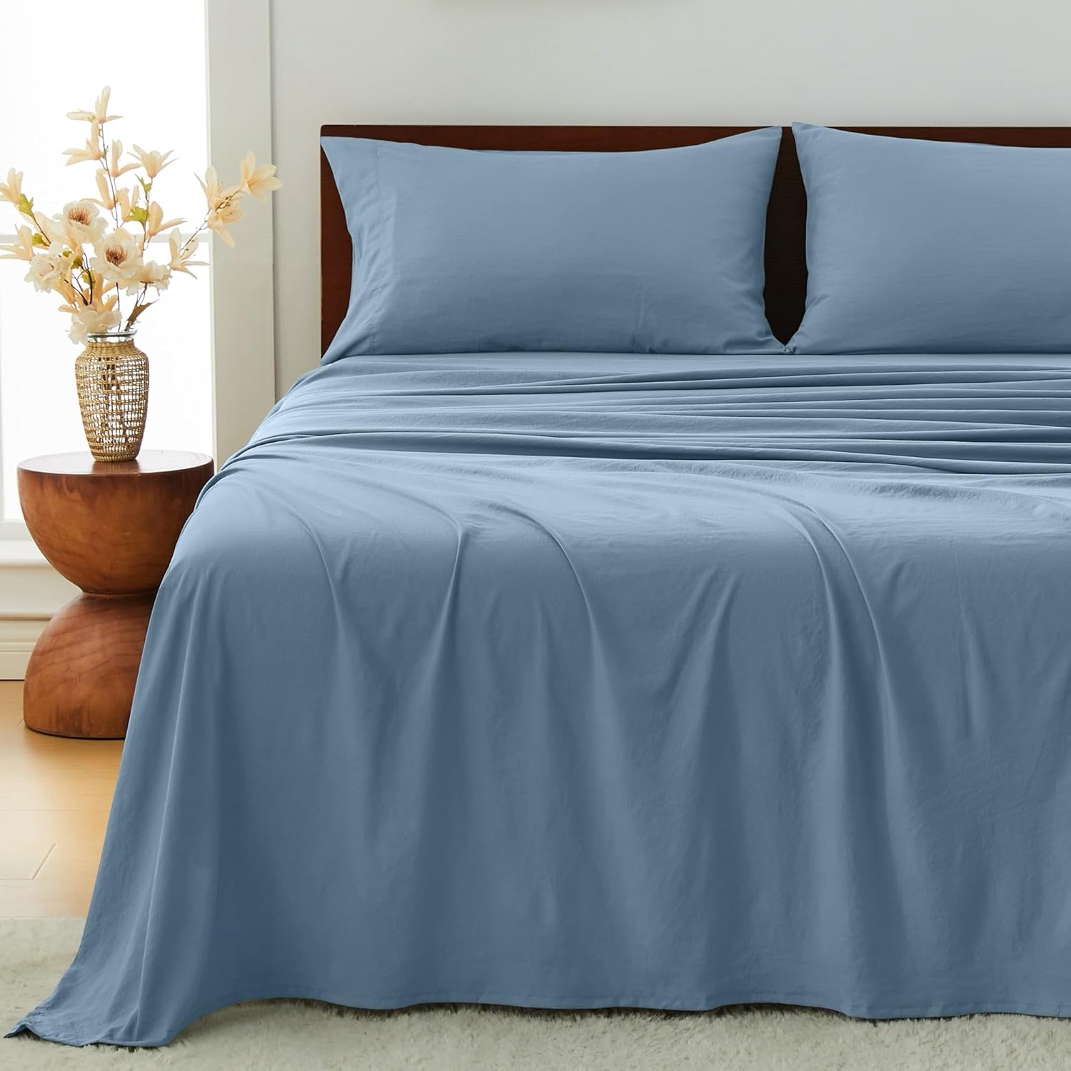 GOKOTTA 4-Pcs Queen Sheet Set, 16 Inch Deep Pocket Queen Sheets with Elastic Corner Straps, Brushed Microfiber Polyester - Hotel Luxury, Ultra Soft, Breathable, Anti-Rip, Wrinkle-Free - Dusty Blue
