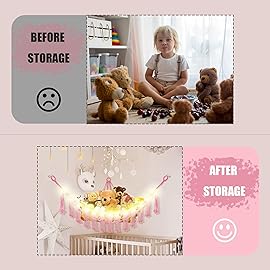 CERETIA Stuffed Animal Hammock with LED Light, Large Stuffed Animals Storage Corner Plushie Net for Kids Room Decor, Jumbo Pink