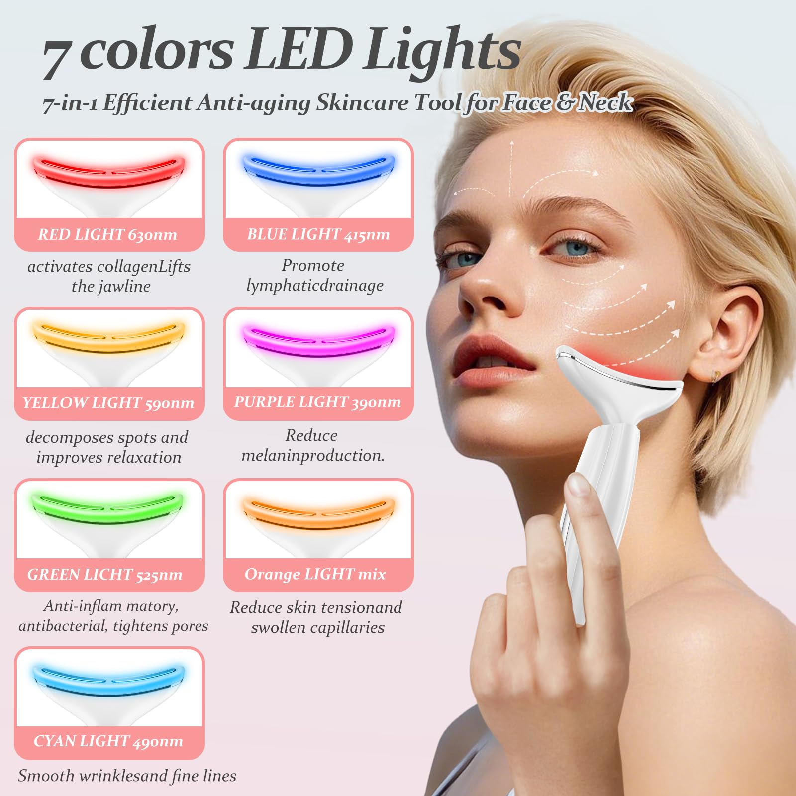 Gesichtsmassagegerät Gegen Falten EMS Gerät Hals Massager, Face Beauty Device mit Lifting Effekt & Anti Aging, 3 Modi, 7 Farben LED Licht wiederaufladbar