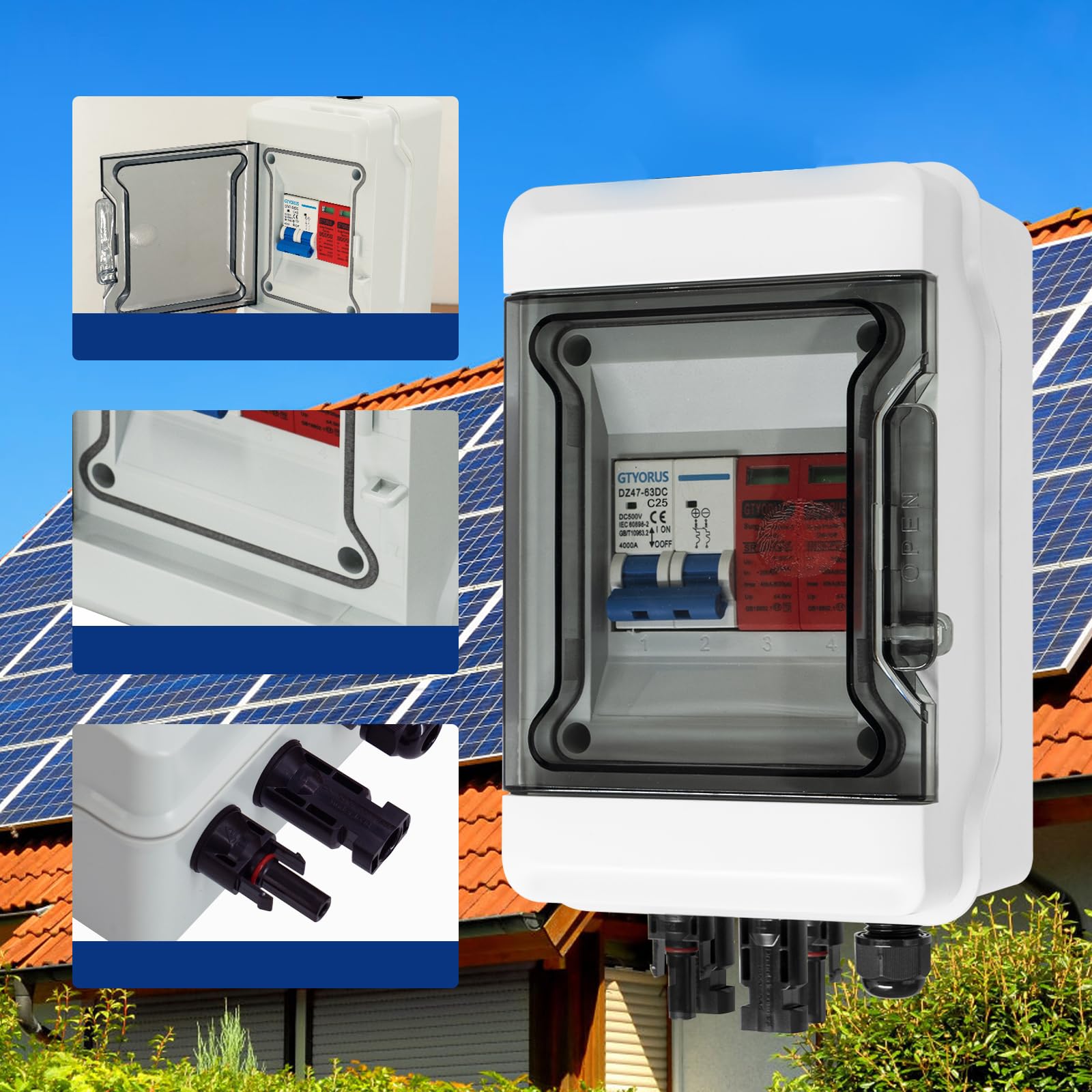 Scatola di Giunzione Solare, Protezione Contro Le Sovratensioni IP65, Interruttore Fotovoltaico 1 Stringa DC 500 V Con Spina Solare (1 in 1 Uscita, 25A)