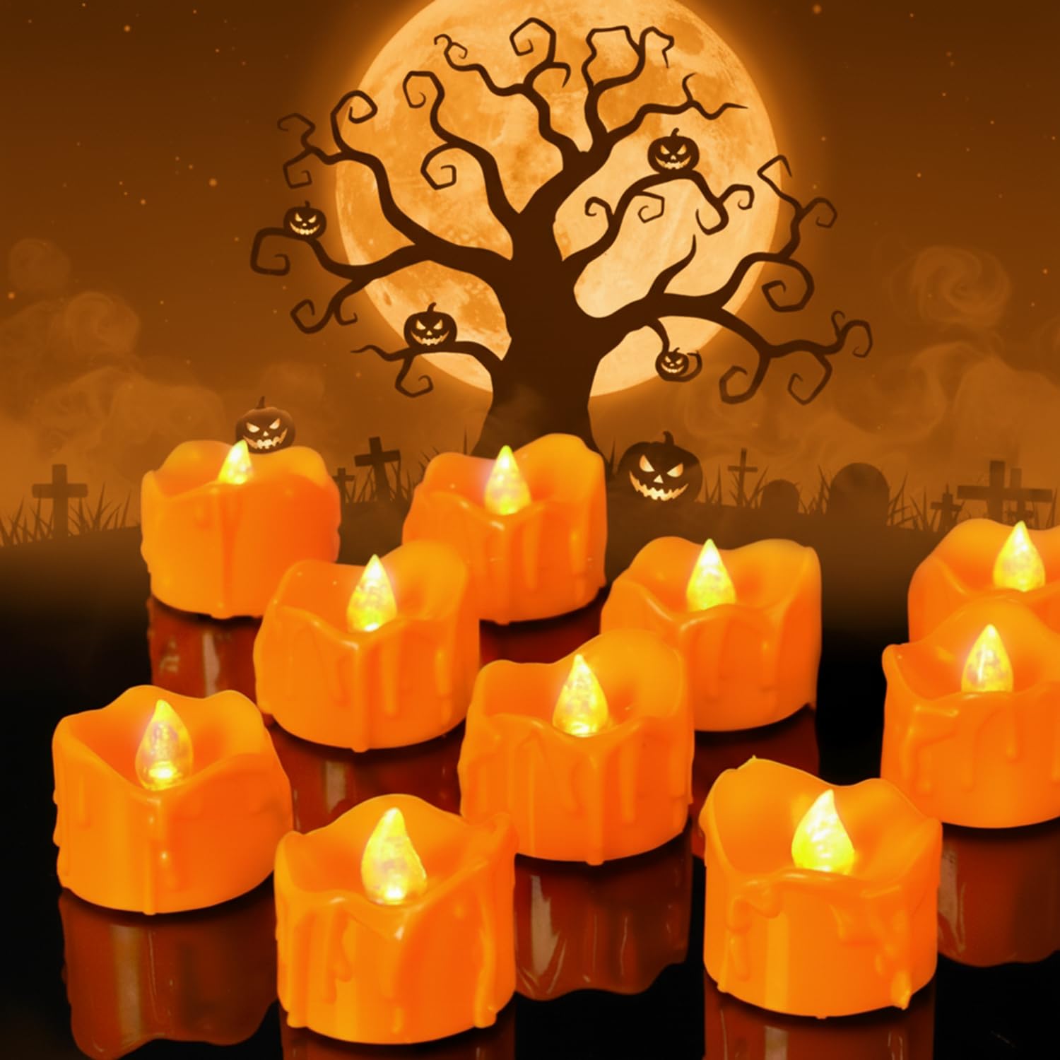 12 Pack Orange Timer Tealight Warm White Flickering Melting Flameless Candles Battery Operated,Fall Tea Lights for Halloween Gothic Wedding Home Decoration