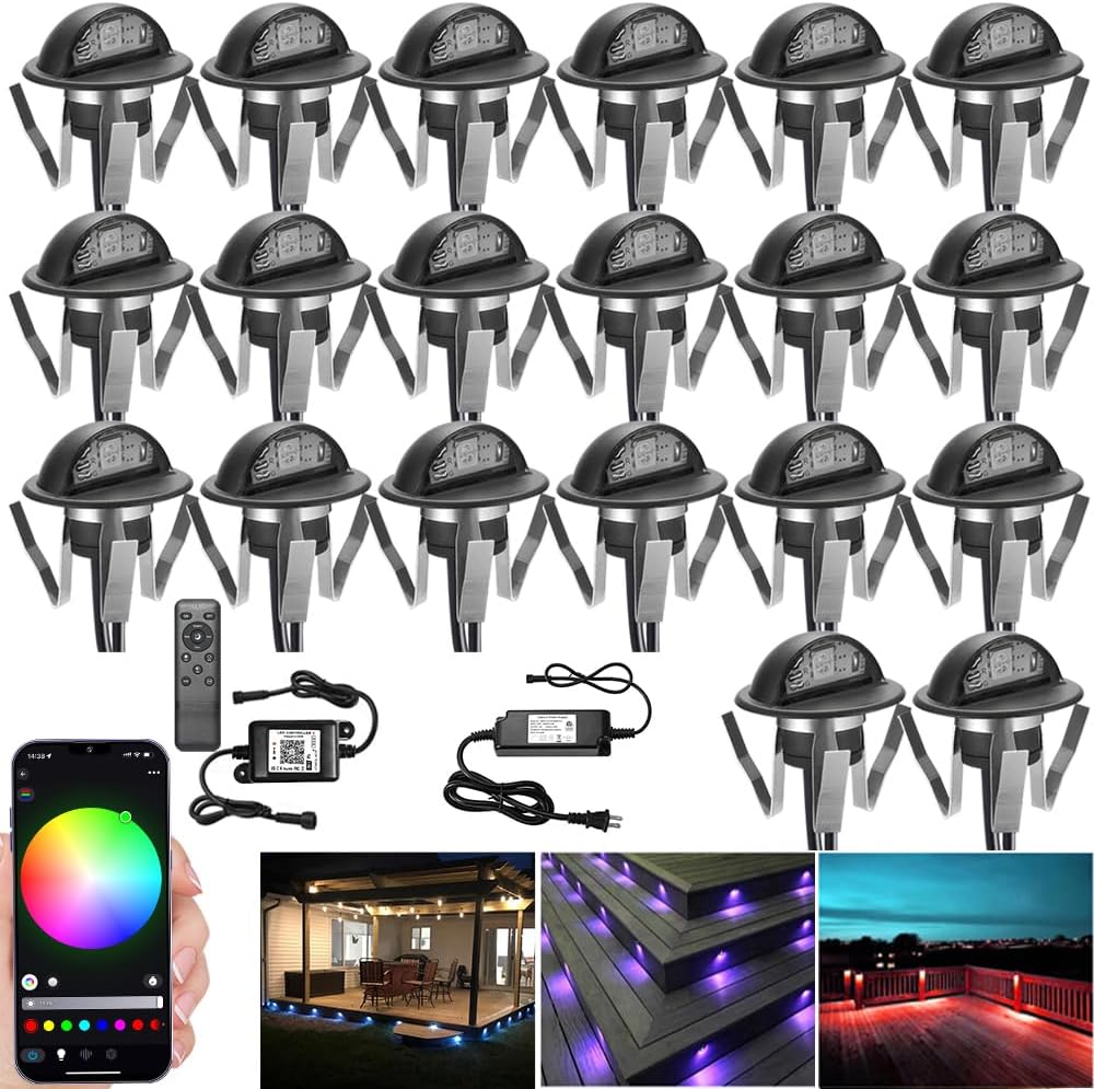 Low Voltage RGB Step Lights Kit, 20-Pack 1.38inch Half Moon Smart WiFi Deck Lights Outdoor, DC12V, IP65 Waterproof, Landscape Railing LED Light for Yard, Stair, Porch, Railing Decor, Black