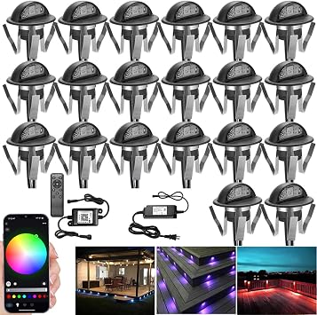 Low Voltage RGB Step Lights Kit, 20-Pack 1.38inch Half Moon Smart WiFi Deck Lights Outdoor, DC12V, IP65 Waterproof, Landscape Railing LED Light for Yard, Stair, Porch, Railing Decor, Black