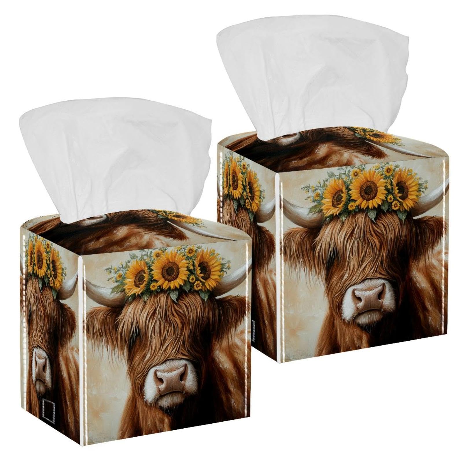 Cow Sunflower Tissue Box Cover, 2 Pack PU Leather Square Facial Tissue Dispenser Box holder for Home Office Car