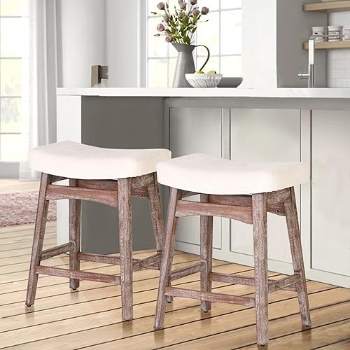 Miniatura 8 de ALPHA HOME Juego de 2 taburetes de bar, taburetes de cocina tipo silla de montar de madera maciza con cojín de tela de lino beige, taburetes de bar