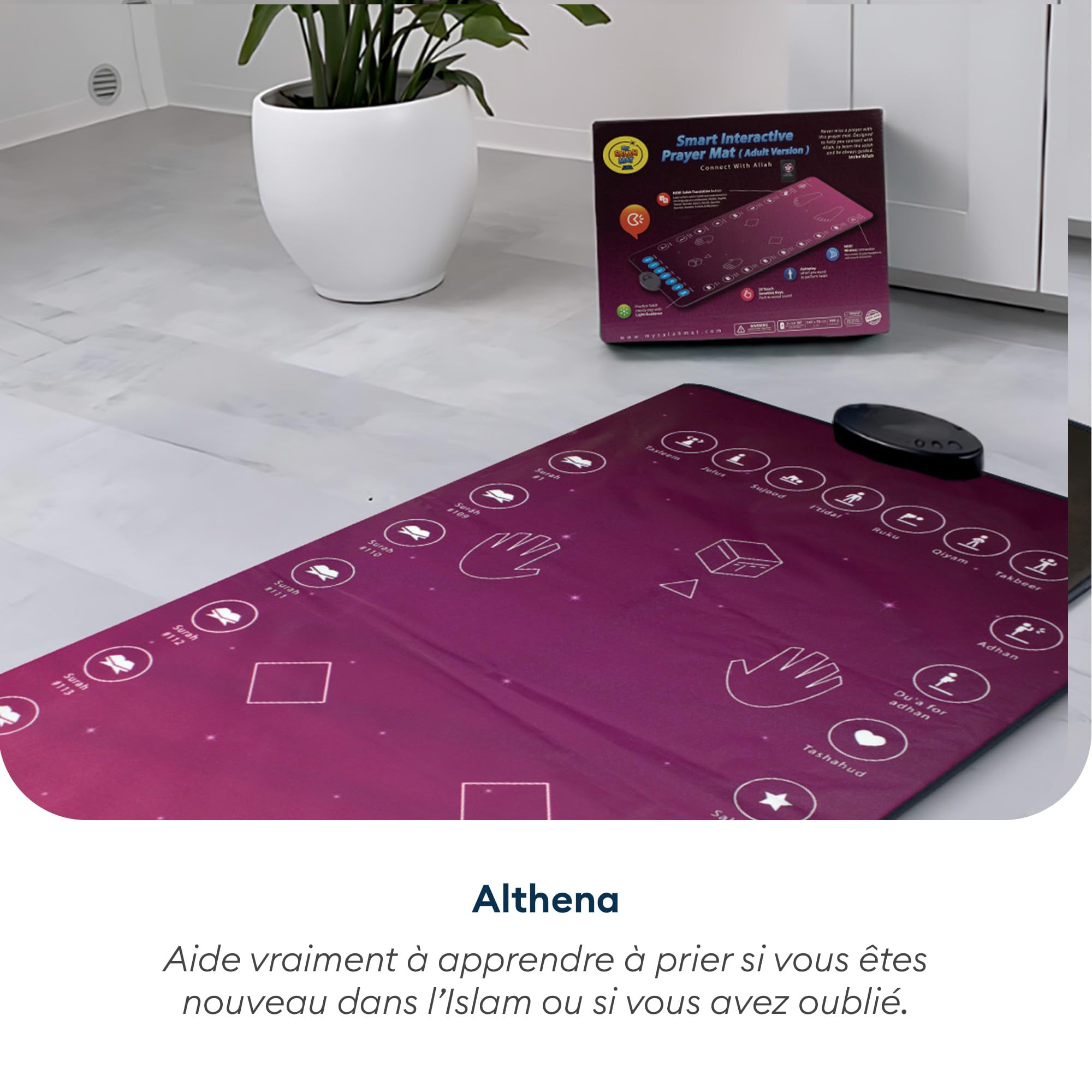 My Salah Mat Adultes – Tapis de Prière Intelligent Rose pour Apprendre Surates Salah Duas – Tapis Musulman avec 25 Touches Haut-Parleur Coran Arabe Français – Dès 8 Ans