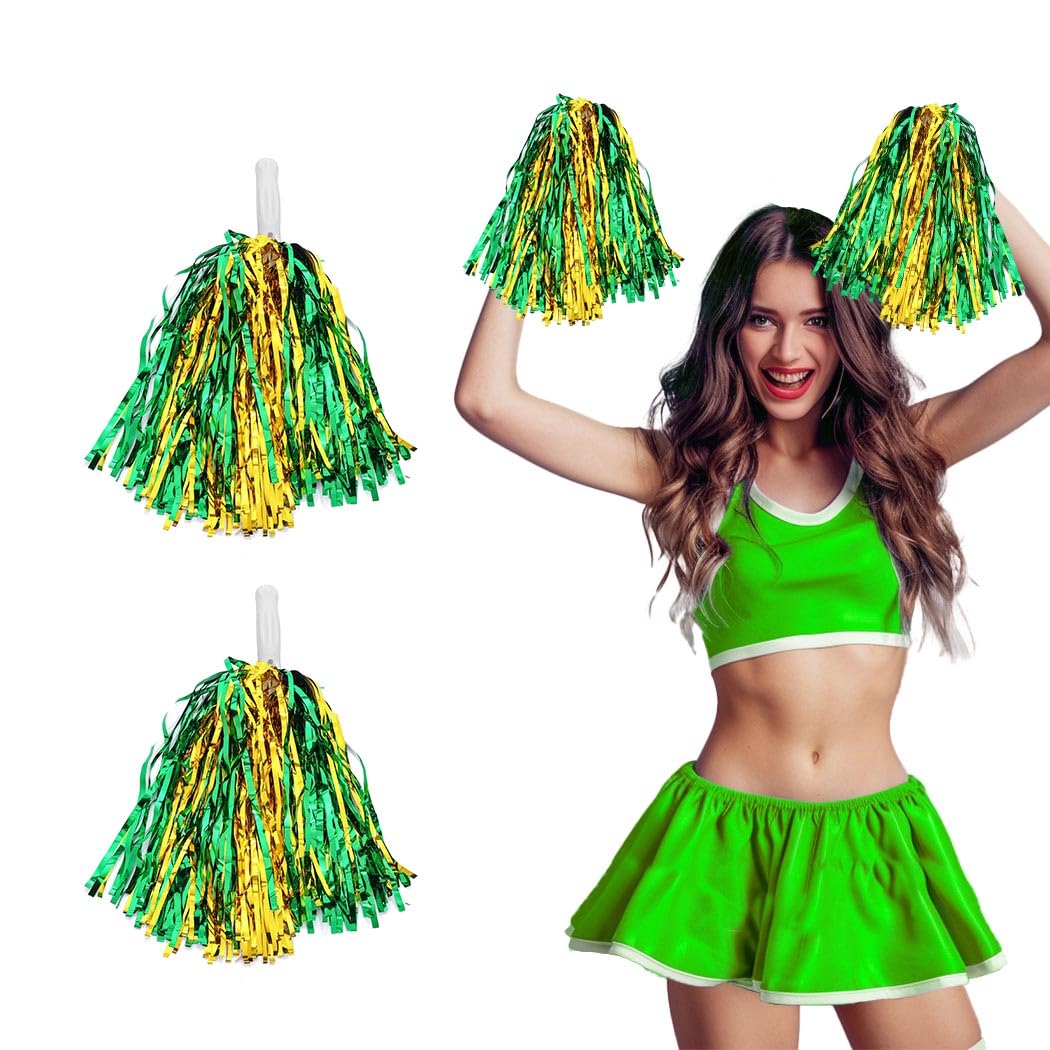 Yokawe 2 PCS Pom Poms Cheerleading Cheerleader Cheering for Team Spirit Sports Games Dance Festival for Youth Adults (Green-Gold)