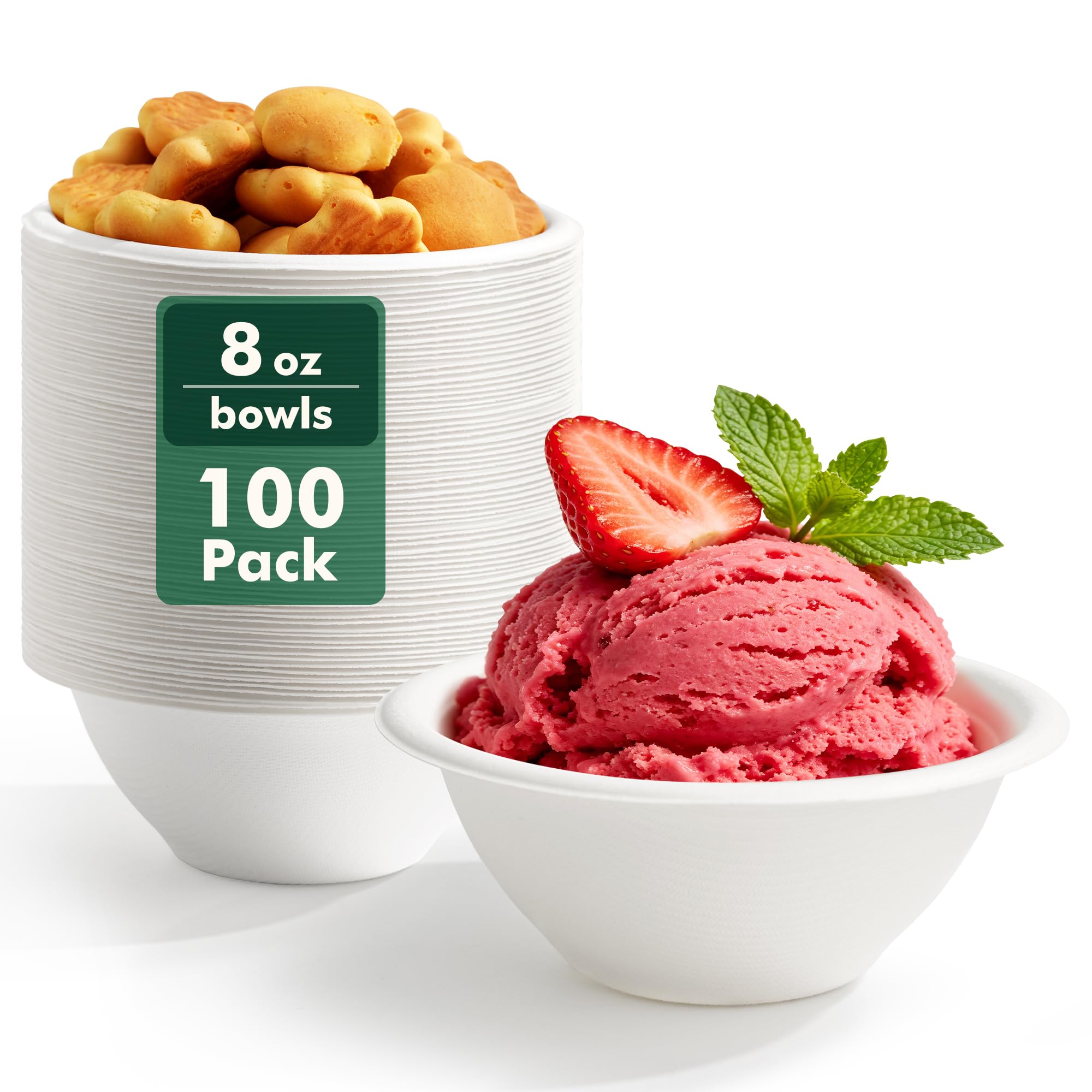 CELLURA 8 oz Paper Bowls, 100 Pack Compostable Heavy-Duty Disposable Soup Bowls