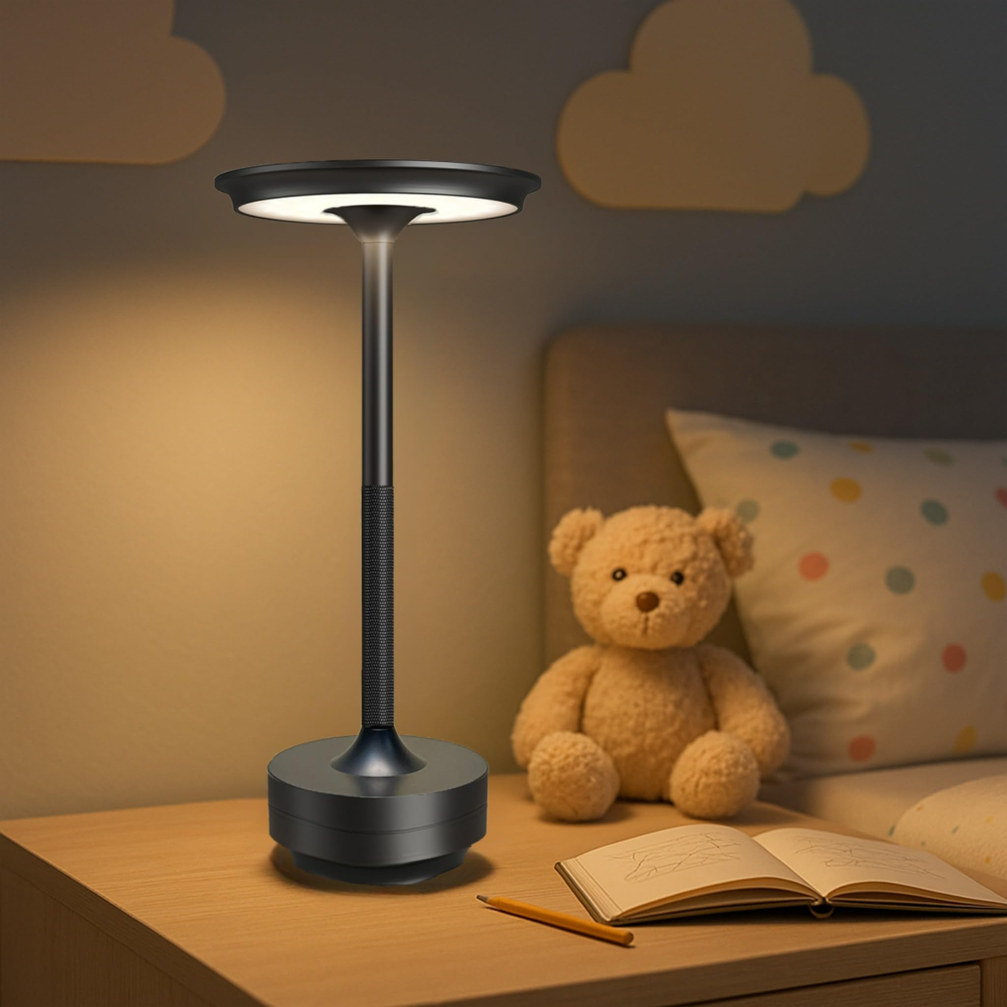 Ecolume Kabellose Tischlampe, LED, tragbar, batteriebetrieben, dimmbar, stufenlos, 3-farbige LED mit Memory-Funktion, tragbar für Heimbüro/Abendessen/Restaurant/Wohnzimmer (Schwarz & 2er-Pack)