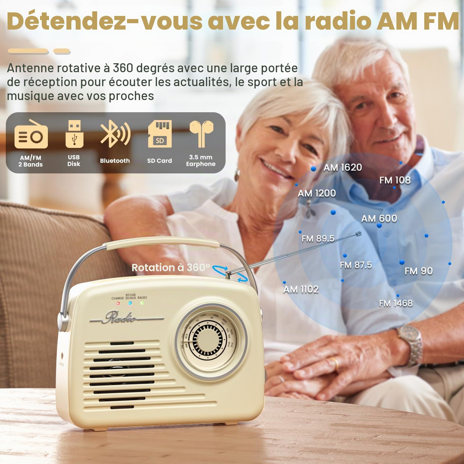 Radios AM FM portables, alimentées par piles et à brancher au mur pour la maison/extérieur/la cuisine, radio rétro vintage avec Bluetooth, grand cadran facile à utiliser (beige)