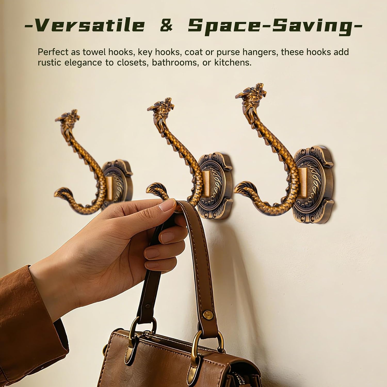 2pcs Vintage Dragon Wall Hooks, Heavy Duty Dragon Shape Hooks Decorative Coat Hook Double Hook for Wall Hanging Coats Towels Keys Robes Jacket