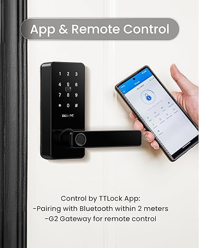 Miniatura 2 de DESLOC B200L - Cerradura inteligente de huellas dactilares con asa, cerraduras de puerta de entrada sin llave para puerta delantera y dormitorios,