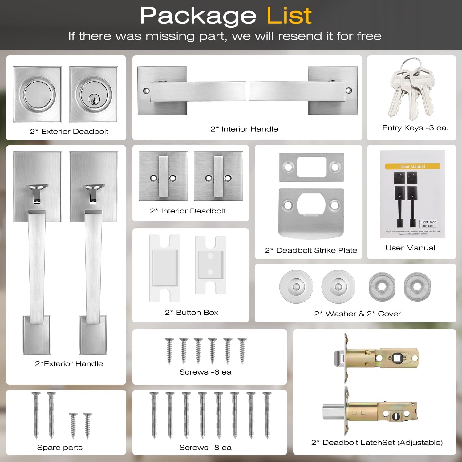 EHOMEWARE 1 Pack Satin Nickel Double Front Door Lock Set, Exterior Door Lock Set with Dummy, Double Entry Door Handle with Deadbolt, Heavy Duty French Door Handle Set, Left & Right Reversible