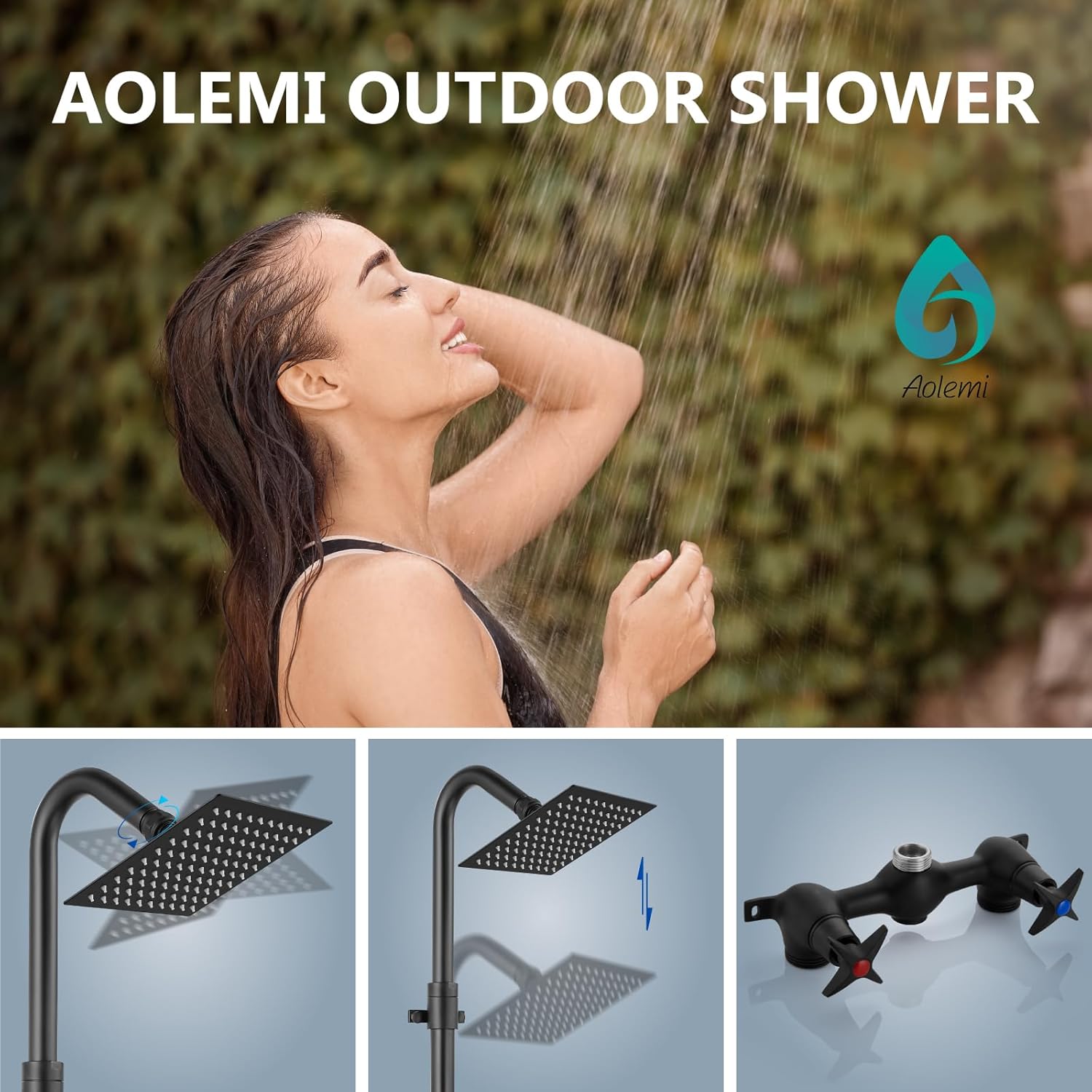 Aolemi Outdoor Shower Kit Fixtures 6 Inch Center with Adjustable Slide Bar,6 Inch Showerhead,2-Handle with Mix Valve,Matte Black