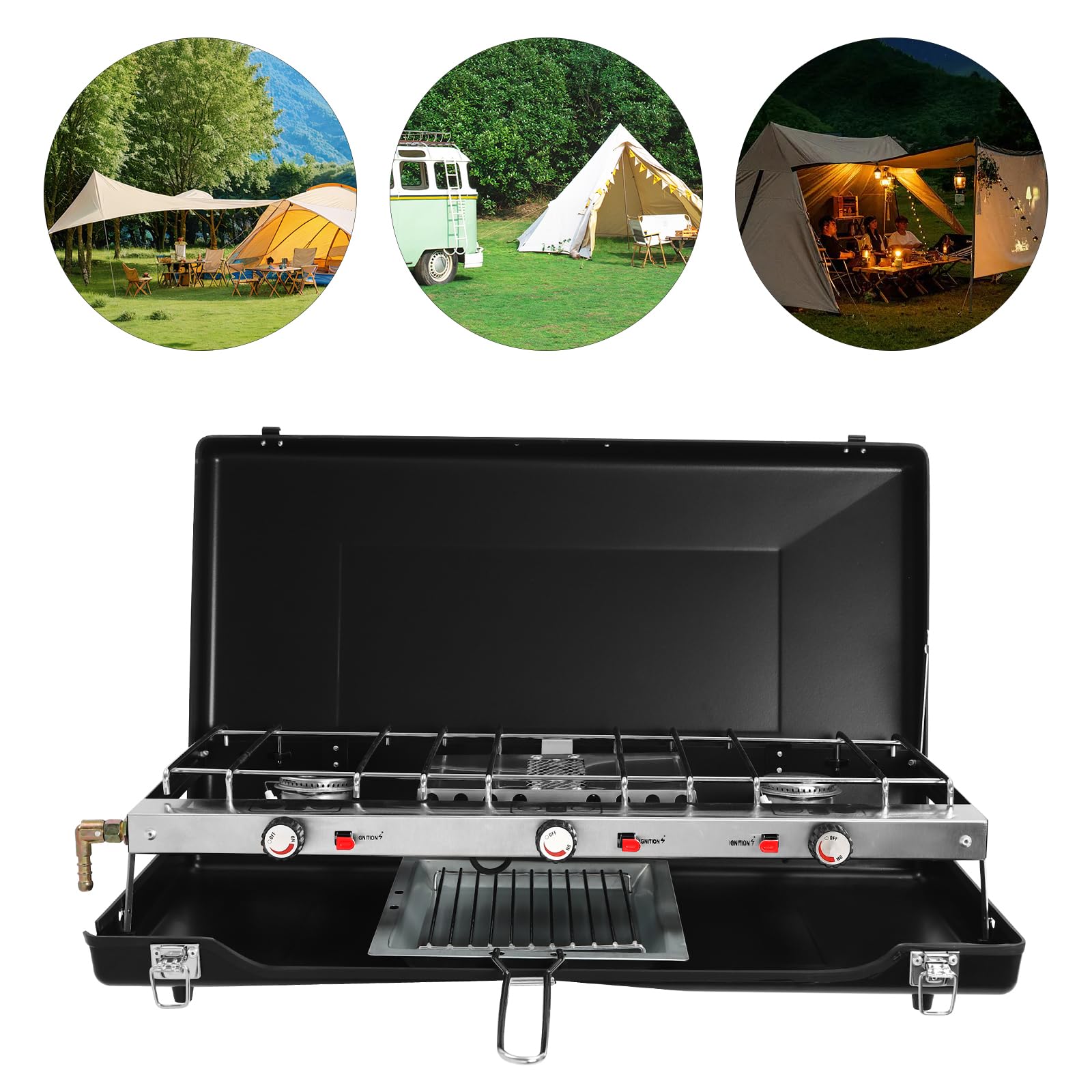 Hornillo de camping plegable con 3 quemadores y 4,5 kW de potencia total, hornillo de gas portátil con encendido piezoeléctrico y tapa como protección contra el viento, barbacoa de camping para