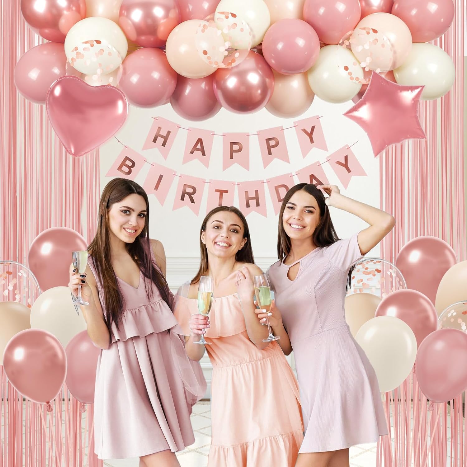 Pink Birthday Decorations for Women with Metallic Rose Gold Dusty Pink Balloons Happy Birthday Banner Fringe Curtains for Women Birthday Decorations - Image 5