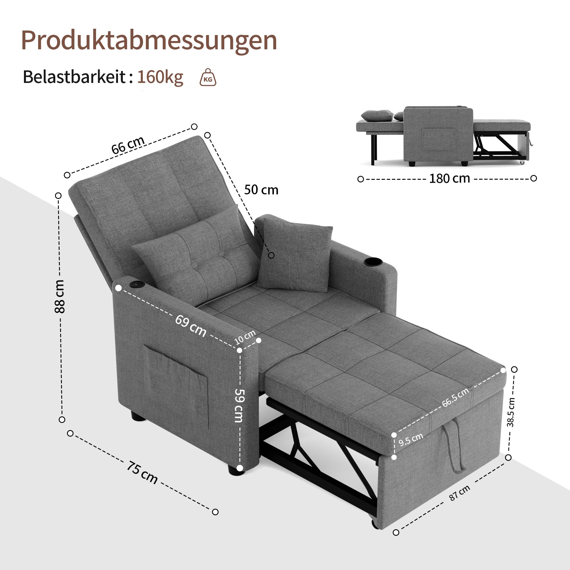 BonVache 3-in-1 Schlafsessel mit Bettfunktion, 5-stufig Verstellbarer Rückenlehne, Schlafsofa mit Kissen und Seitentasche, Schlafcouch mit Getränkehalter und USB- & USB-C-Anschluss, Dunkelgrau