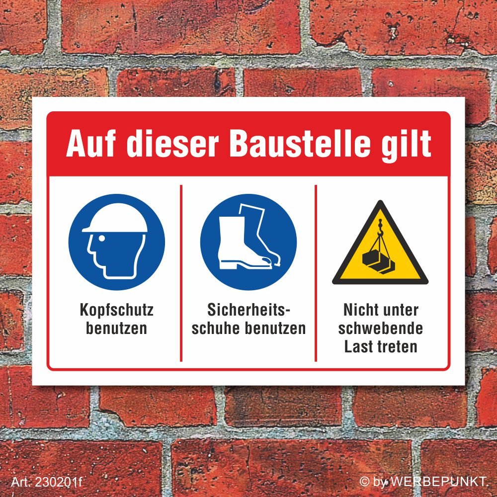 Schild Baustelle Kopfschutz Sicherheitsschuhe schwebende Last 600 x 400 mm | 3 mm Alu-Verbund, wetterfester UV-Direktdruck, robust und langlebig, Made in Germany