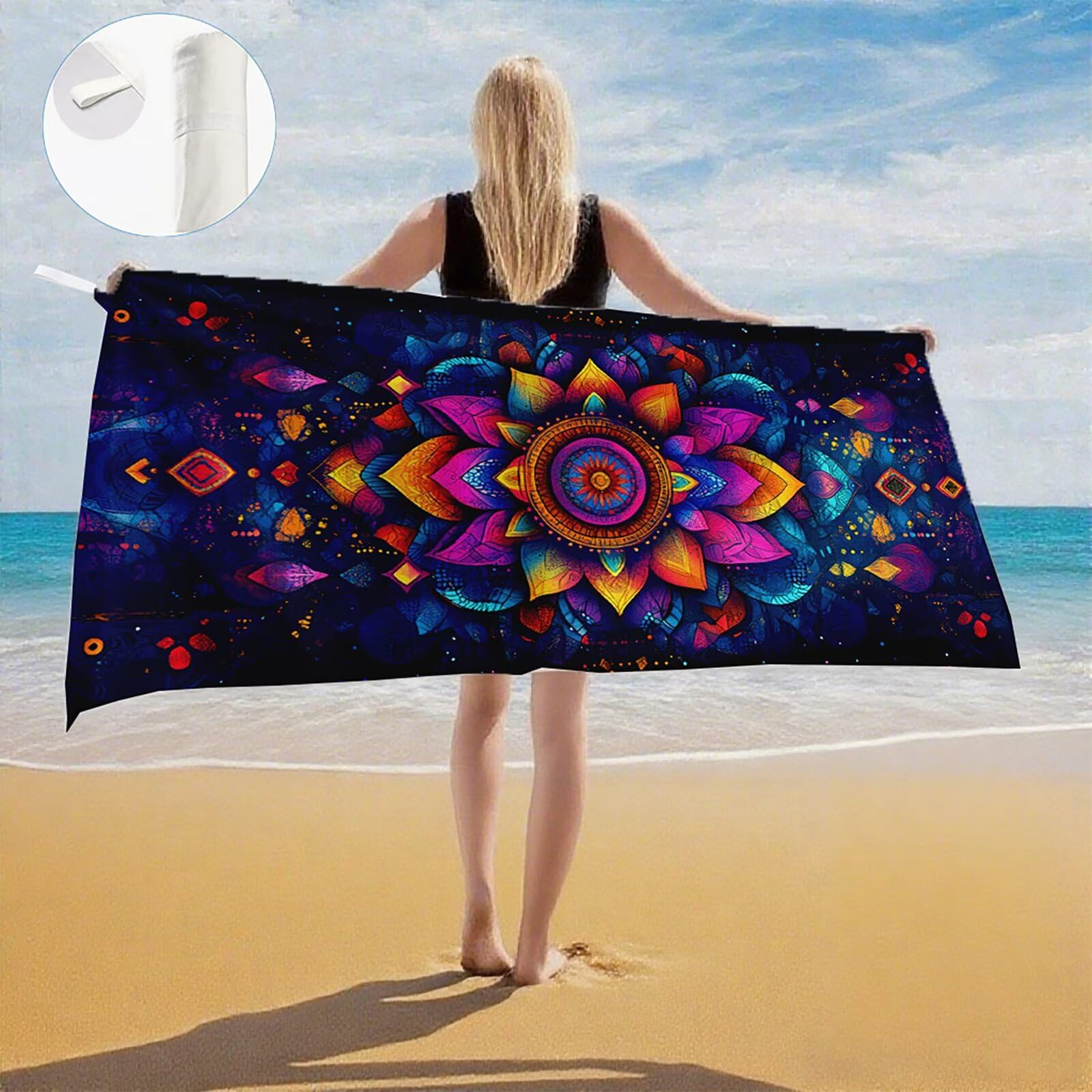 Serviette de Plage Microfibre Serviette Plage 100x150 cm 2 Pack Séchage Rapide, Anti-Sable, Absorbante Fonction Drap de Plage XXL pour Bain Sport Voyages Sauna Piscine Yoga, avec Sac Mandala Q-839